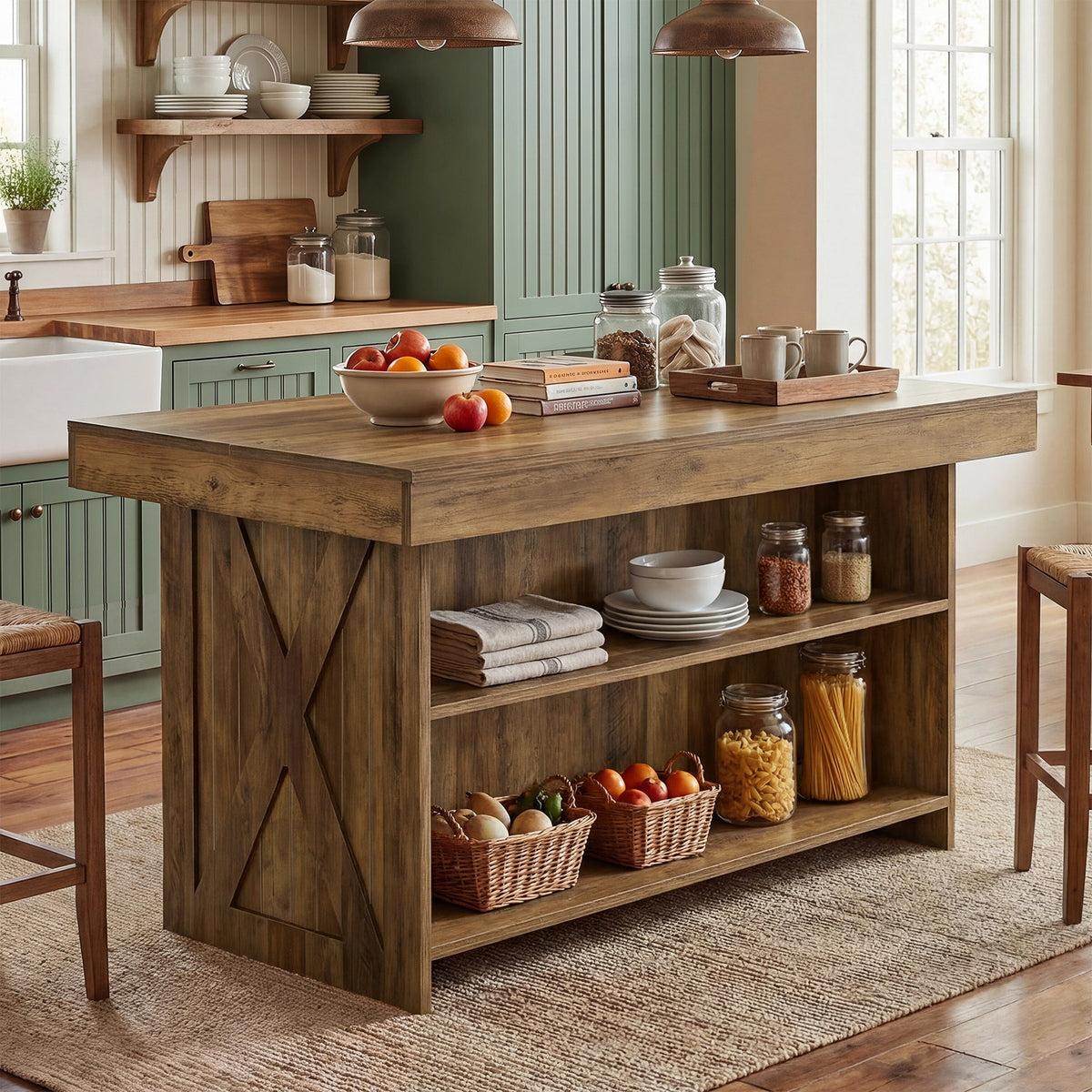 55" Kitchen Island with Storage Shelves, Farmhouse Island Table for Dining Room