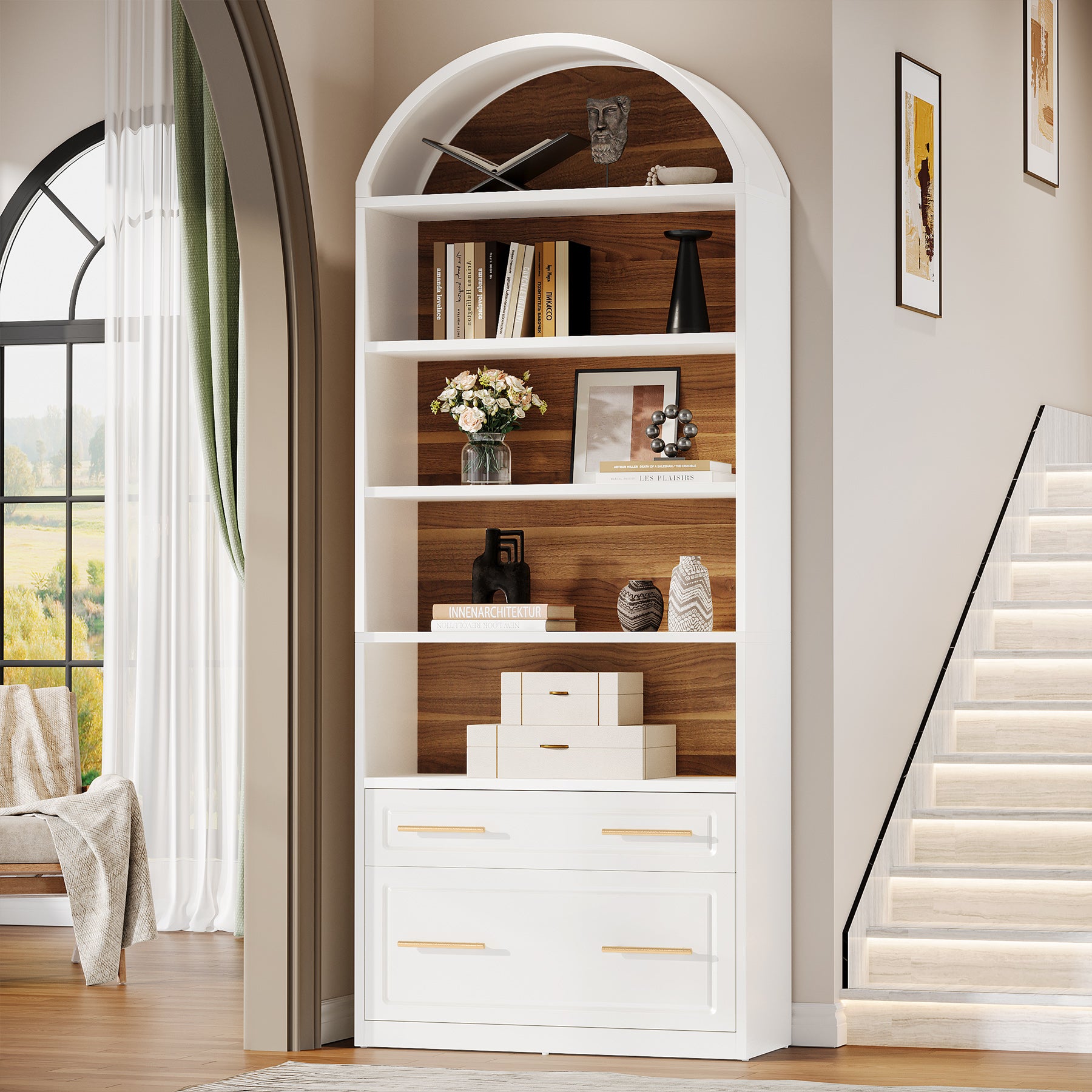 76.8" Arched Bookcase, 5-Tier Bookshelf with File Cabinet Drawer for Home Office