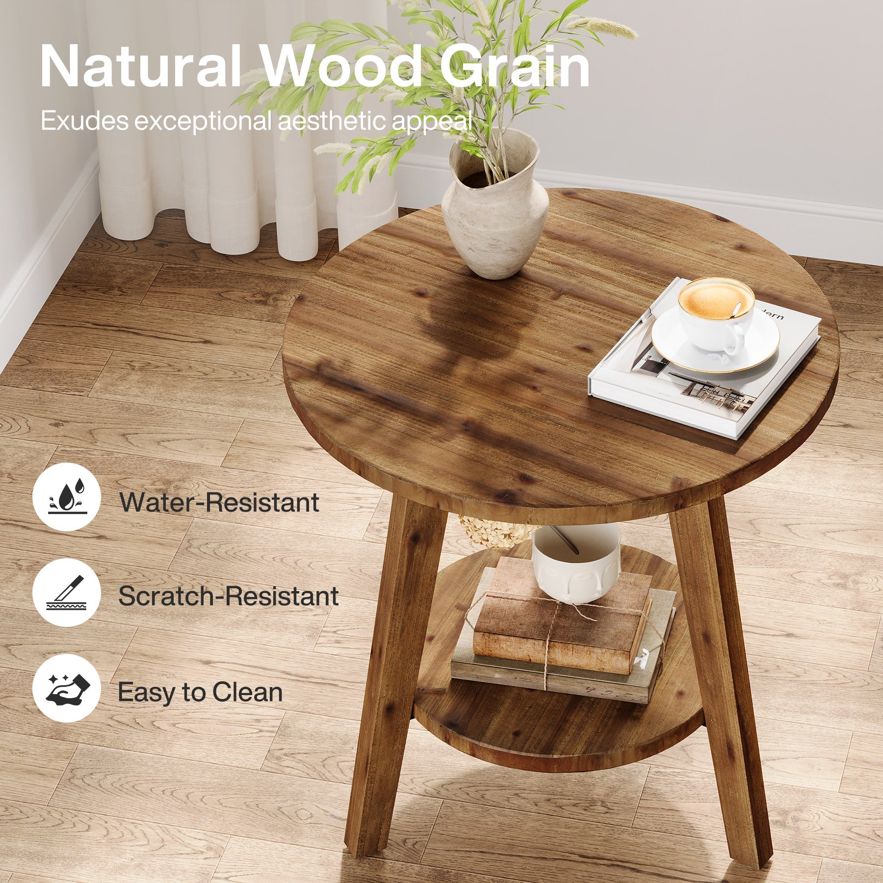 Solid Wood Round End Table, Farmhouse Sofa Side Table with Storage Shelf Tribesigns