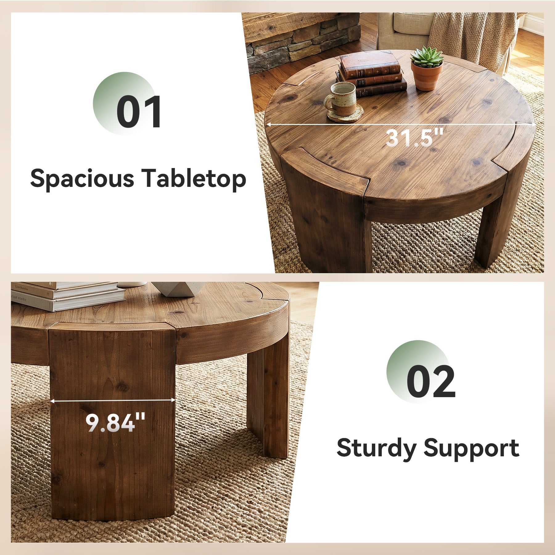 31.5" Round Coffee Table, Solid Wood Center Cocktail Tea Table for Living Room