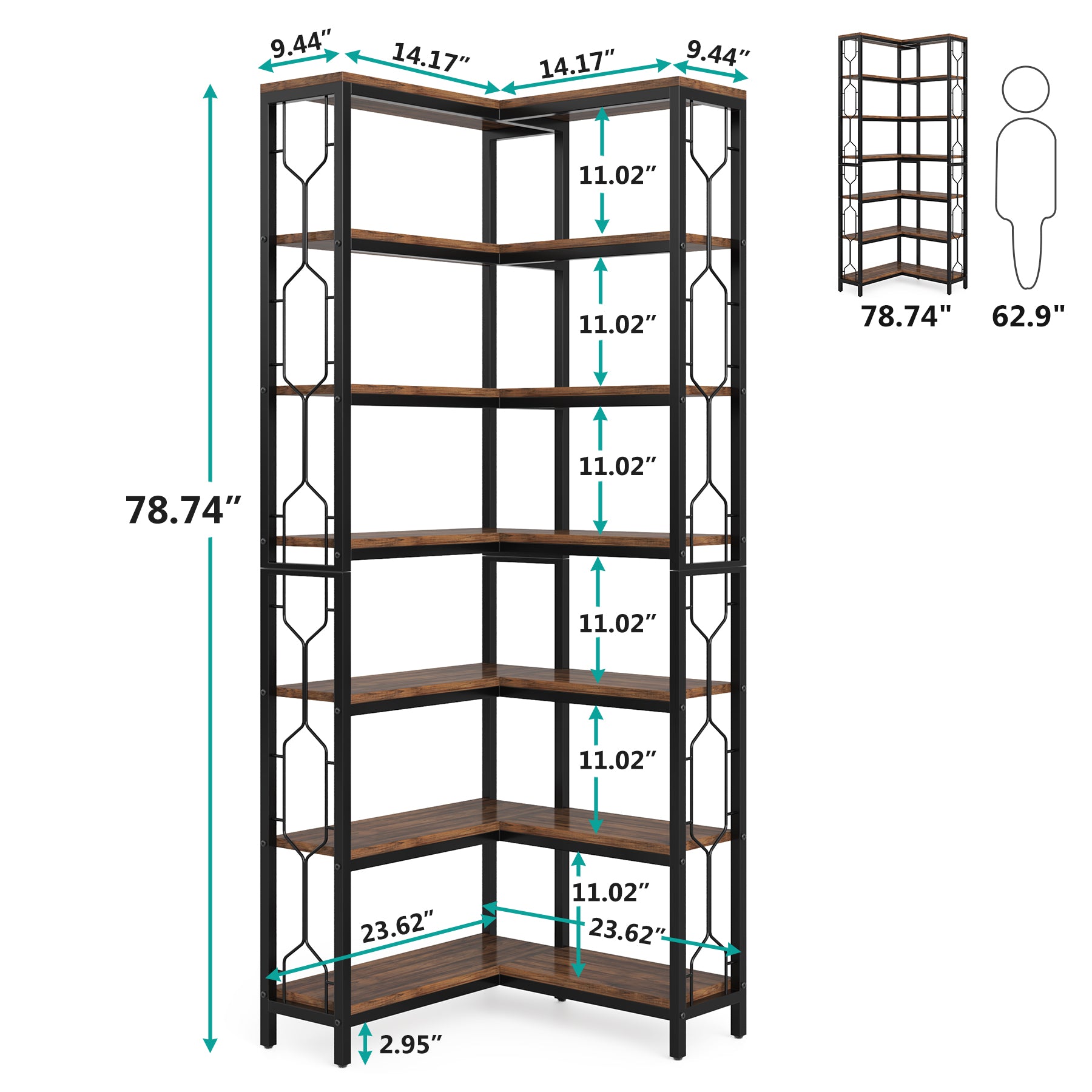 7-Tier Corner Bookshelf, Industrial Corner Etagere Bookcase