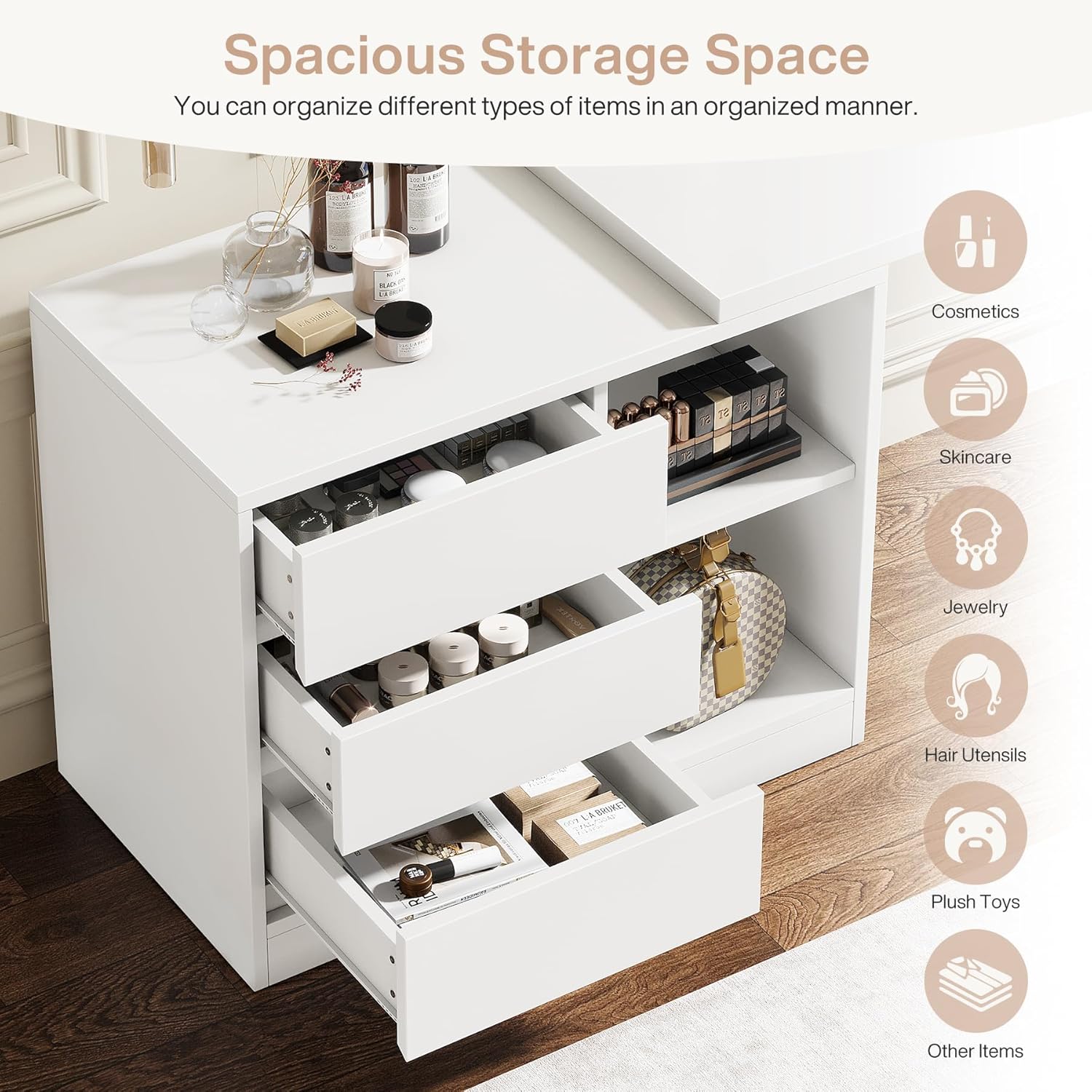 Modern Makeup Vanity, Dressing Table With 3 Drawers & Storage Shelves