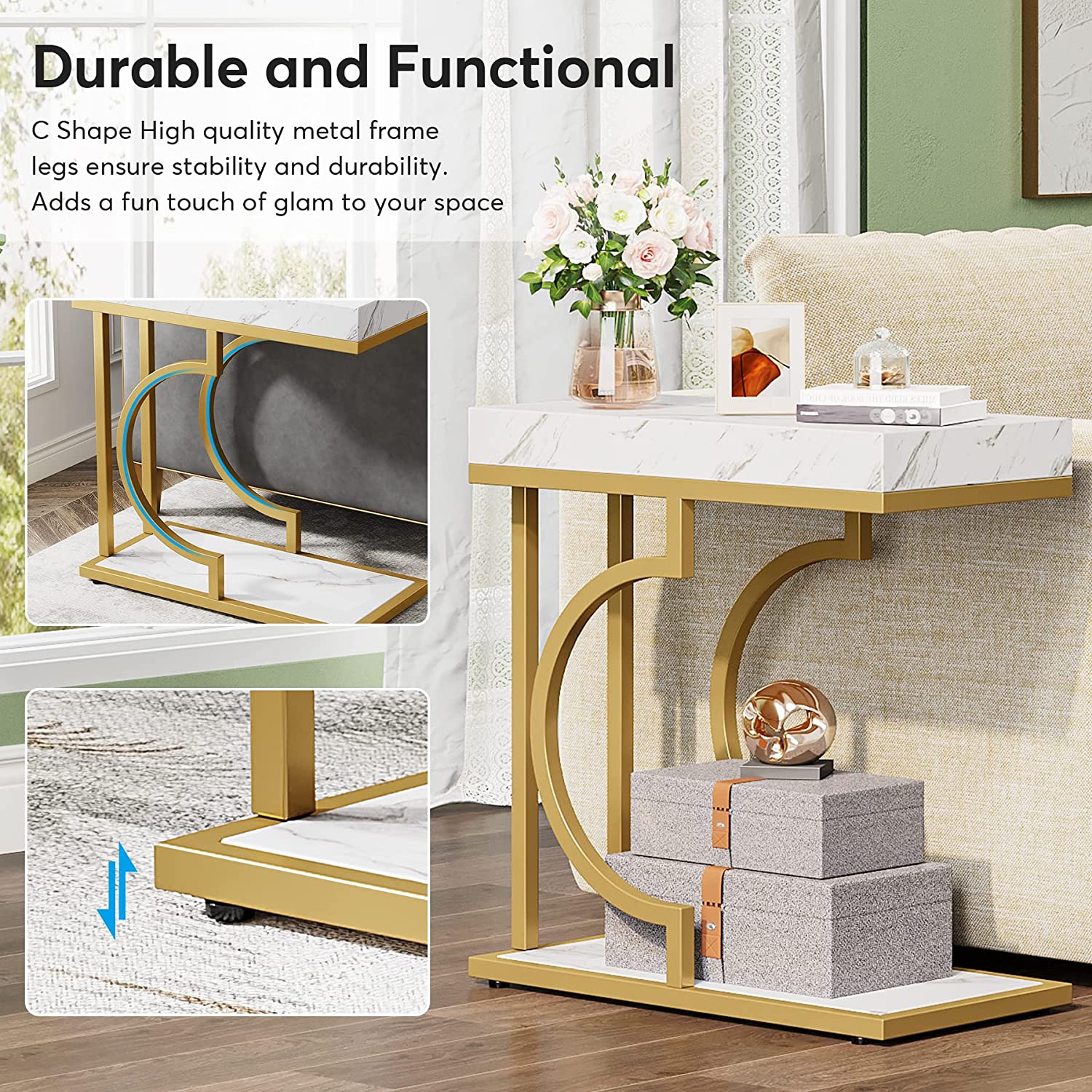 C Table, Modern End Table Bedside Table with Metal Frame Tribesigns