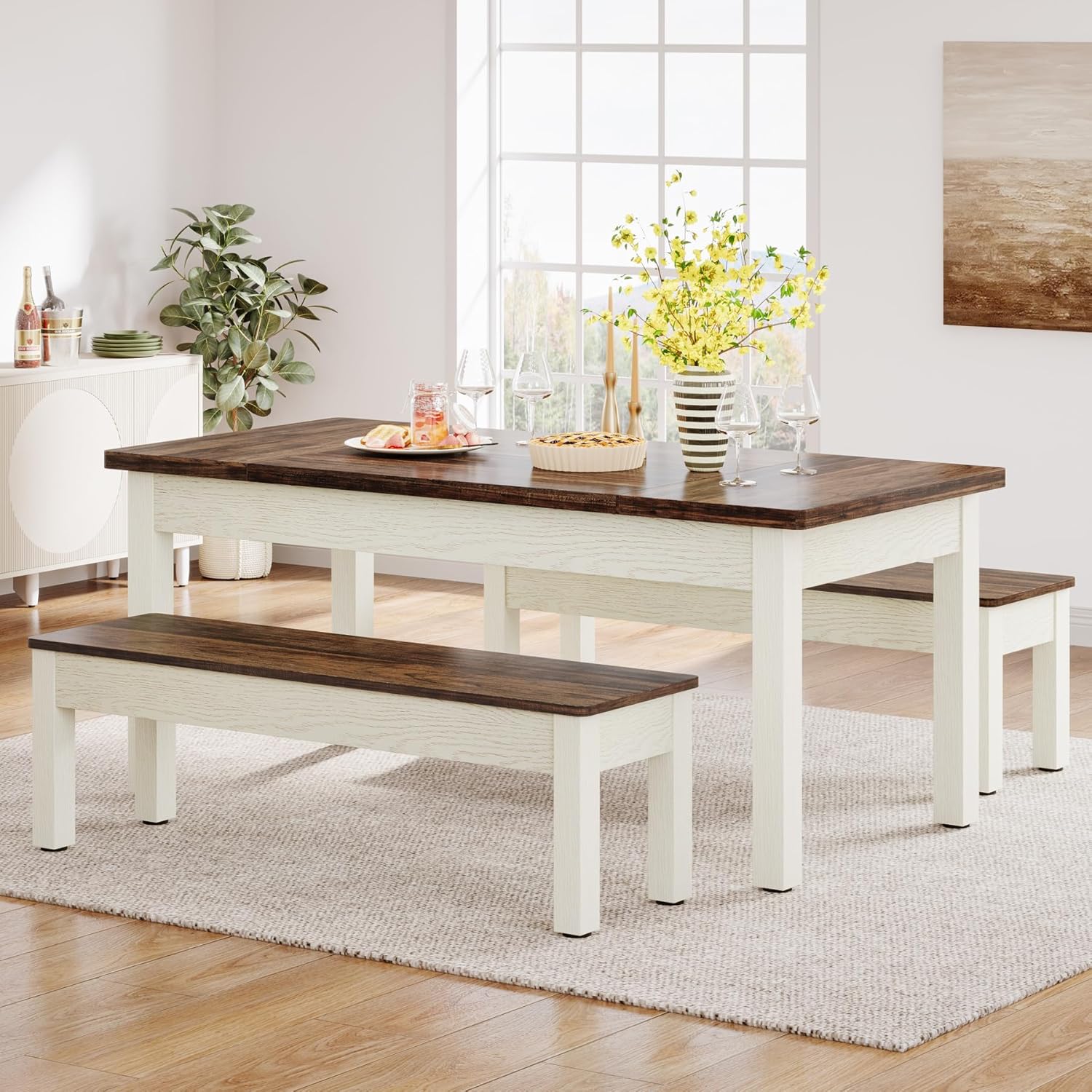 55" Dining Table Set, 3 Pieces Wood Kitchen Table with 2 Benches