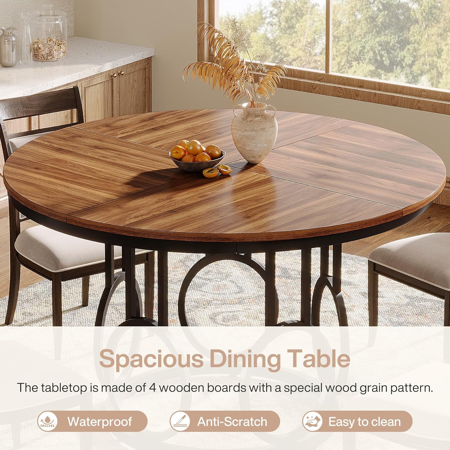 47" Wood Dining Table, Round Kitchen Table for 4-6 People