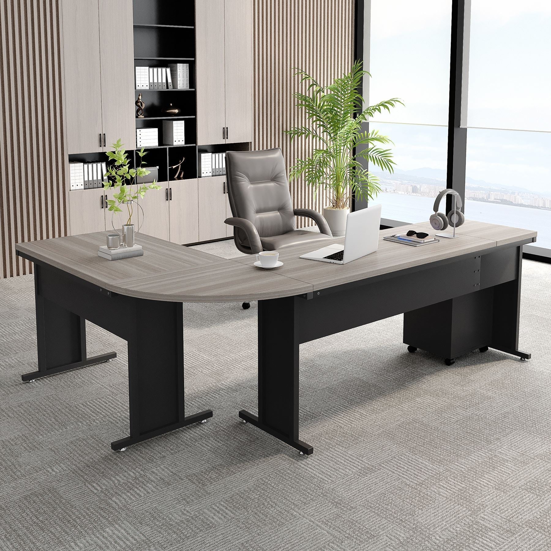 83" L - Shaped Desk, Industrial Corner Executive Desk with Mobile File Cabinet Tribesigns