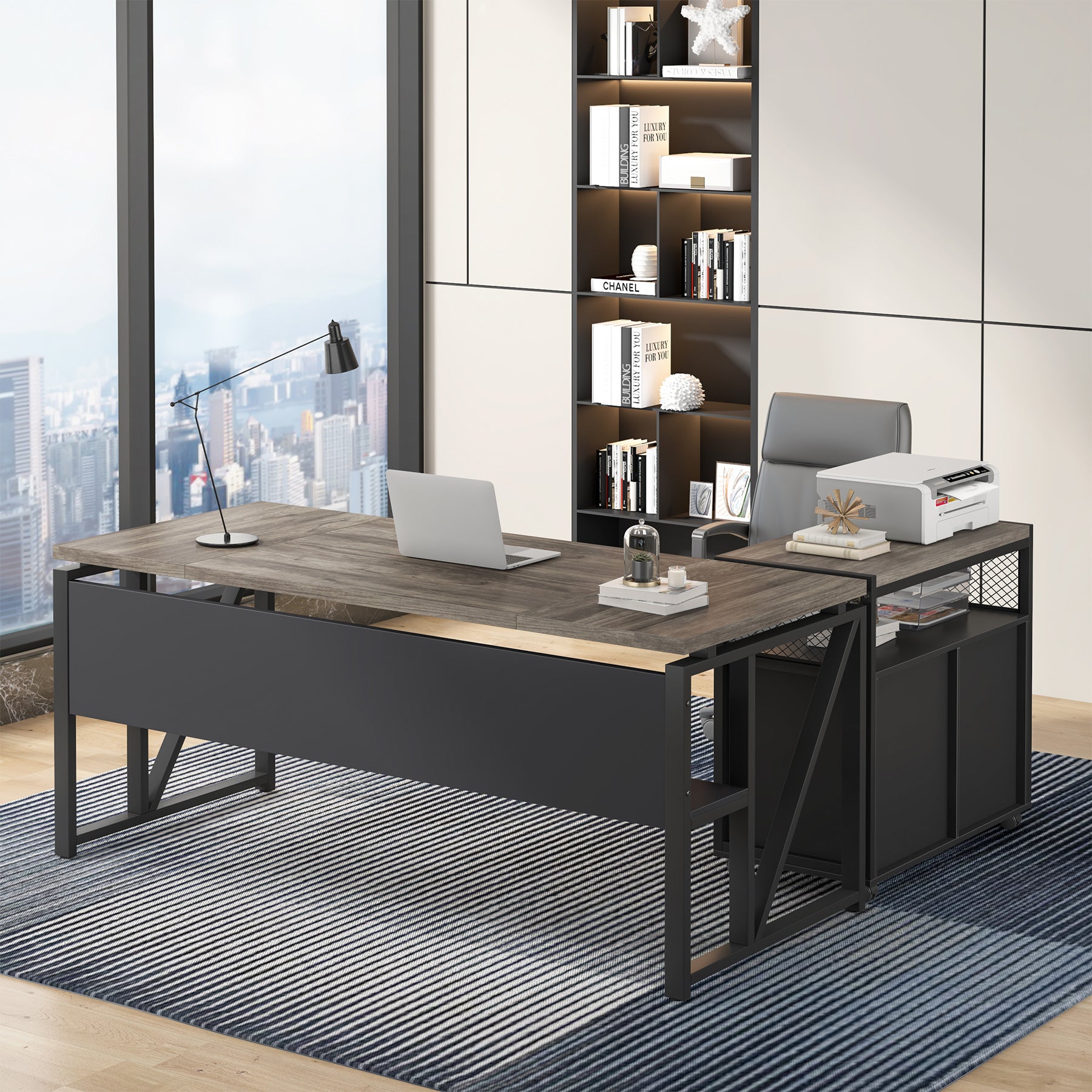 63" Computer Desk with Mobile Cabinet, L-Shaped Desk for Home Office