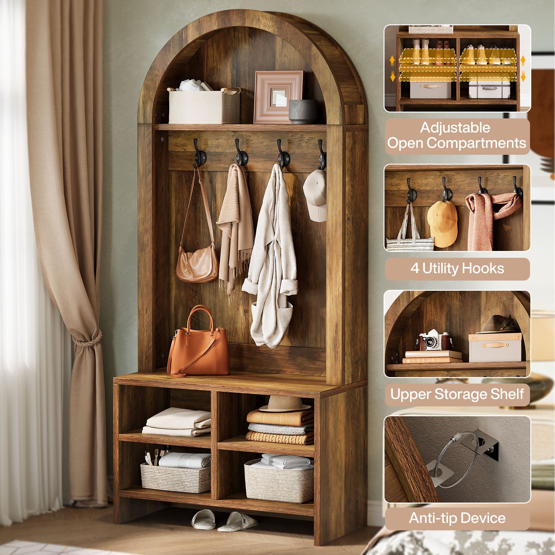70.87“ Arched Hall Tree with Bench and Shoe Storage