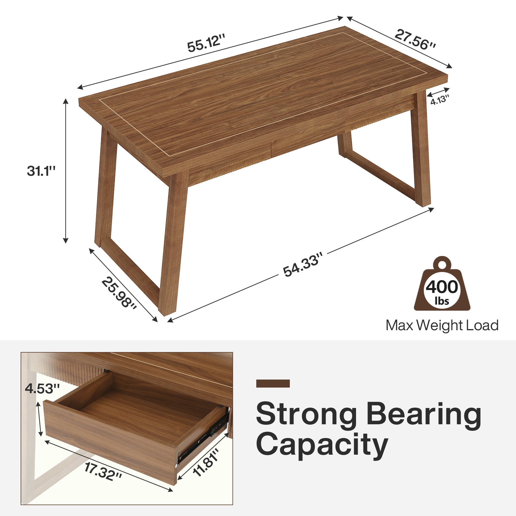 55" Computer Desk, Mid-Century Modern Study Writing Table with Drawer