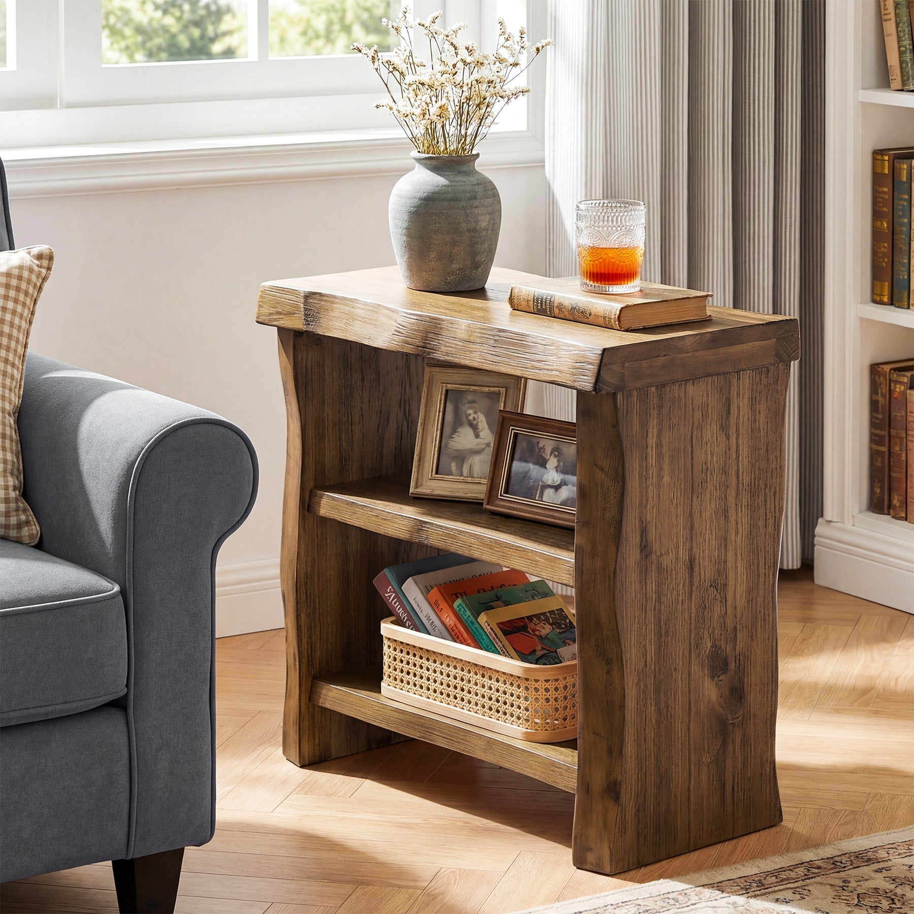 Solid Wood End Table, 3-Tier Live Edge Side Table for Bedroom
