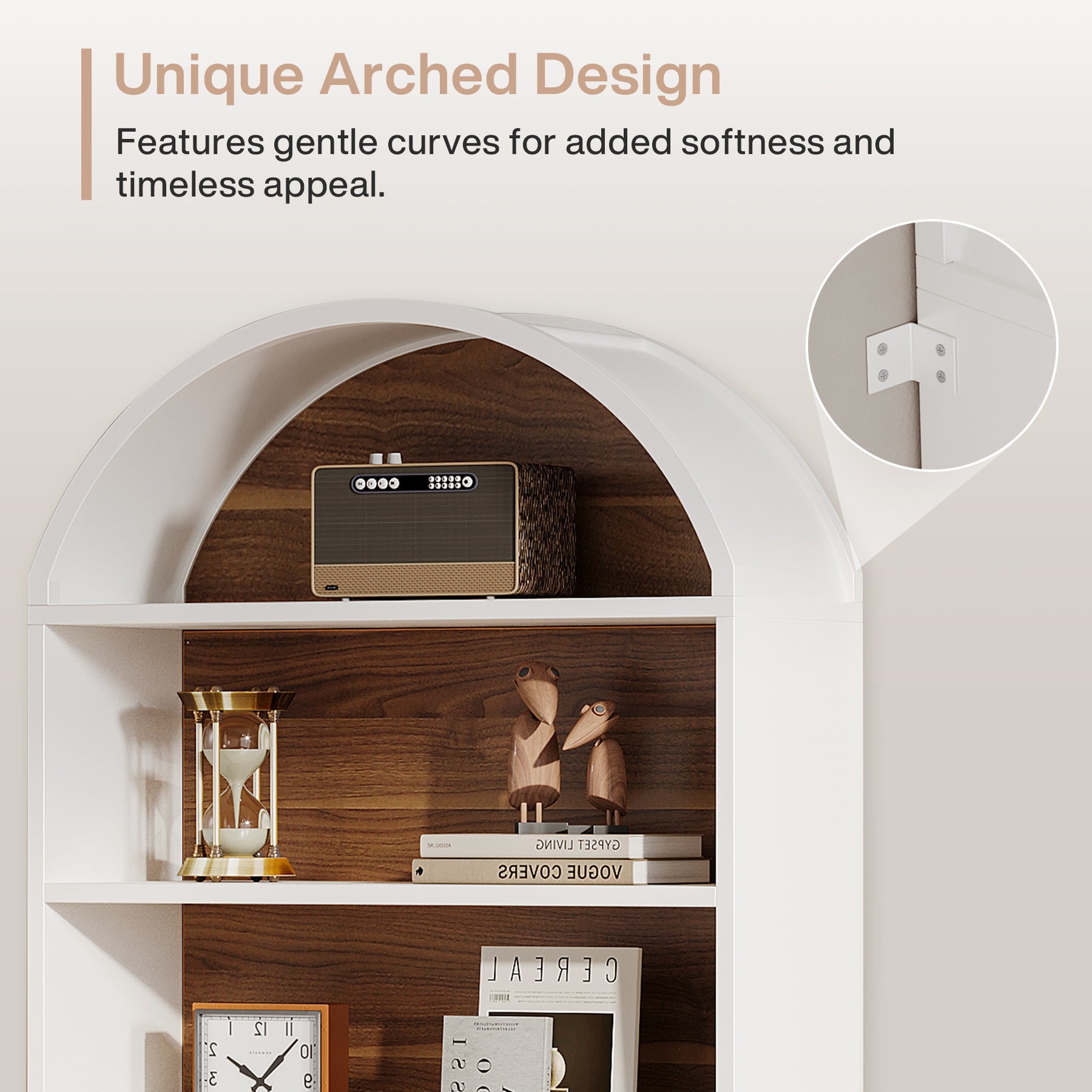 76.8" Arched Bookcase, 5-Tier Bookshelf with File Cabinet Drawer for Home Office
