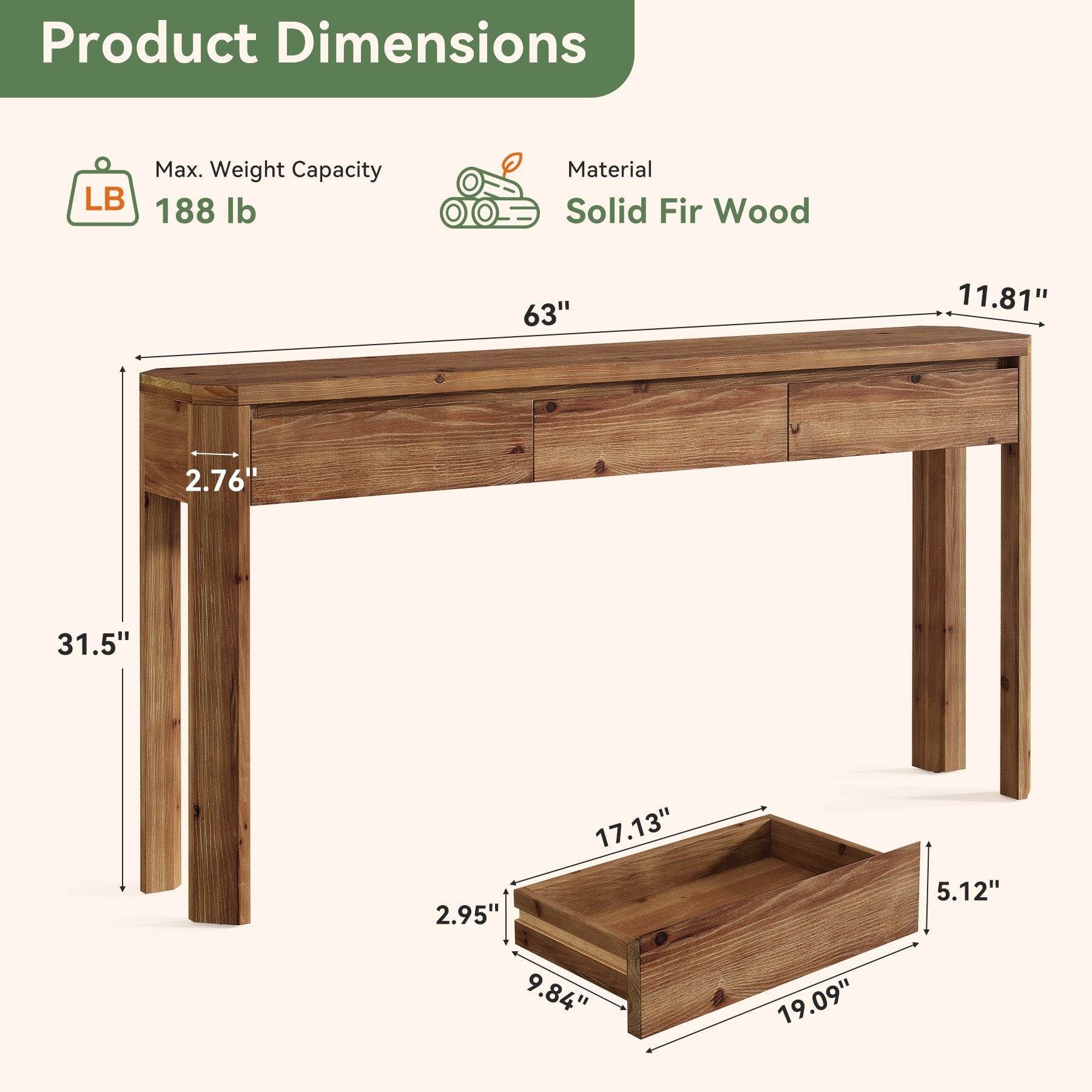 63" Solid Wood Console Table, Farmhouse Entryway Table with 3 Drawers