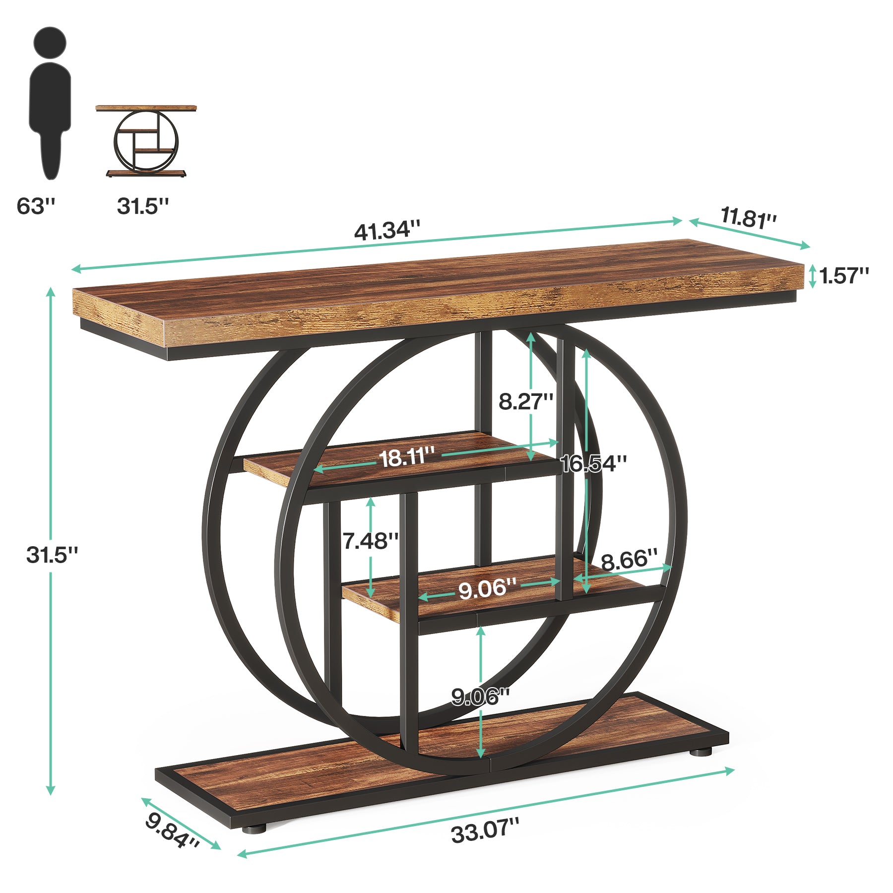 41.3" Console Table, Industrial 4-Tier Sofa Entryway Table with Circle Base