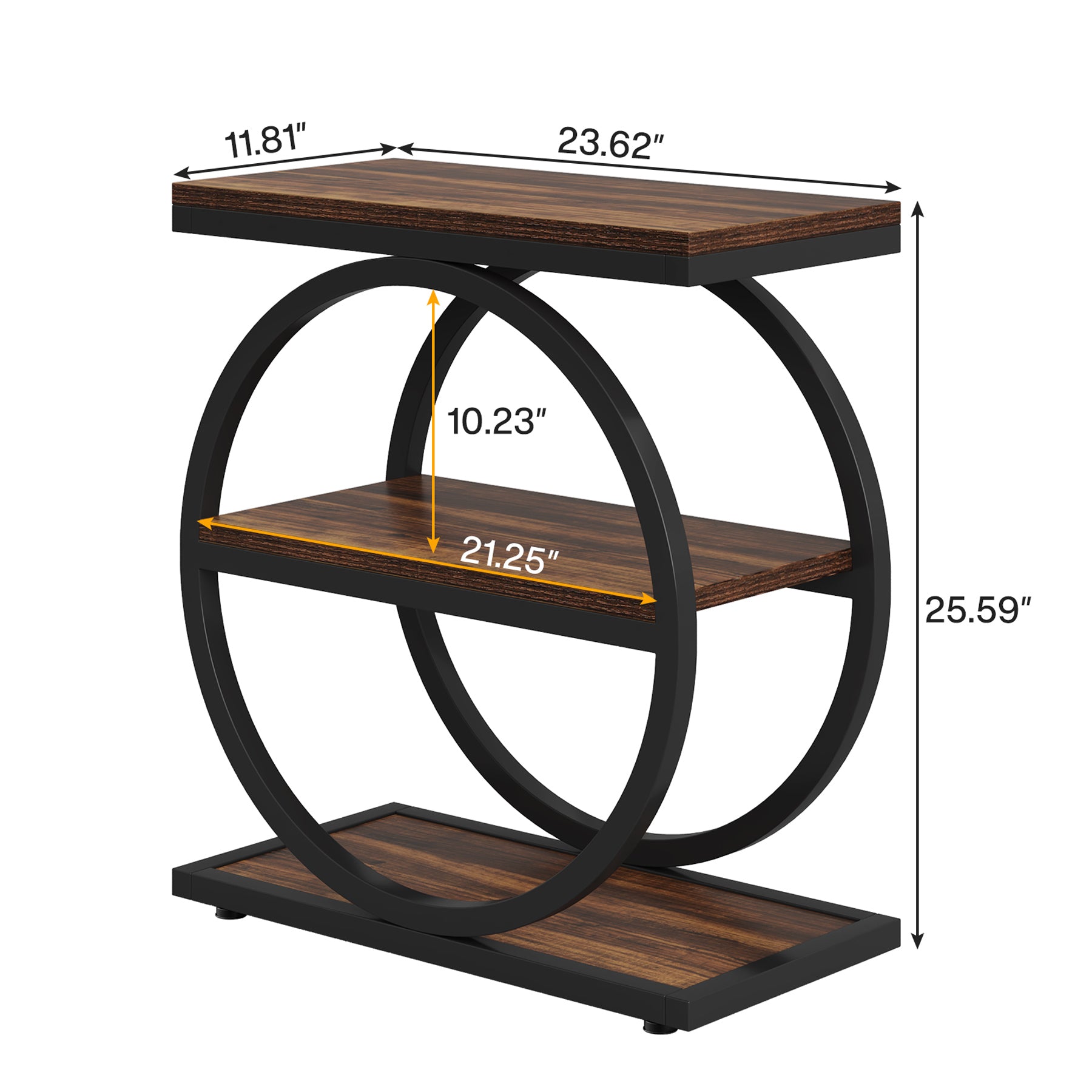 3-Tier End Table, Industrial Sofa Side Table with Round Metal Frame