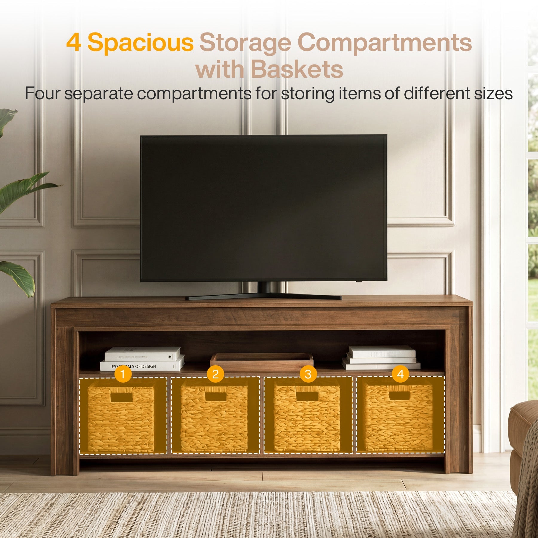 63" Farmhouse TV Stand for 55–70" TVs, Media Console with 4 Woven Baskets & Open Shelf