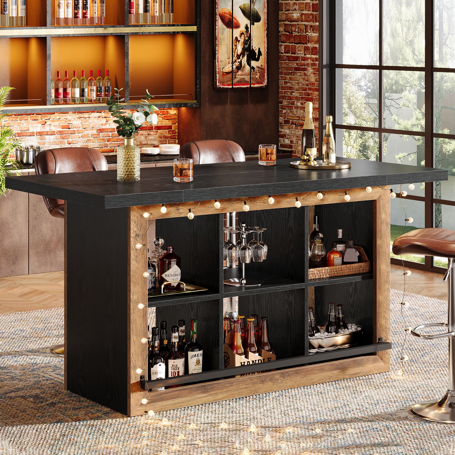 Rectangular Bar Table, 62.6" Home Bar Cabinet Unit with 6 Spacious Cubbies