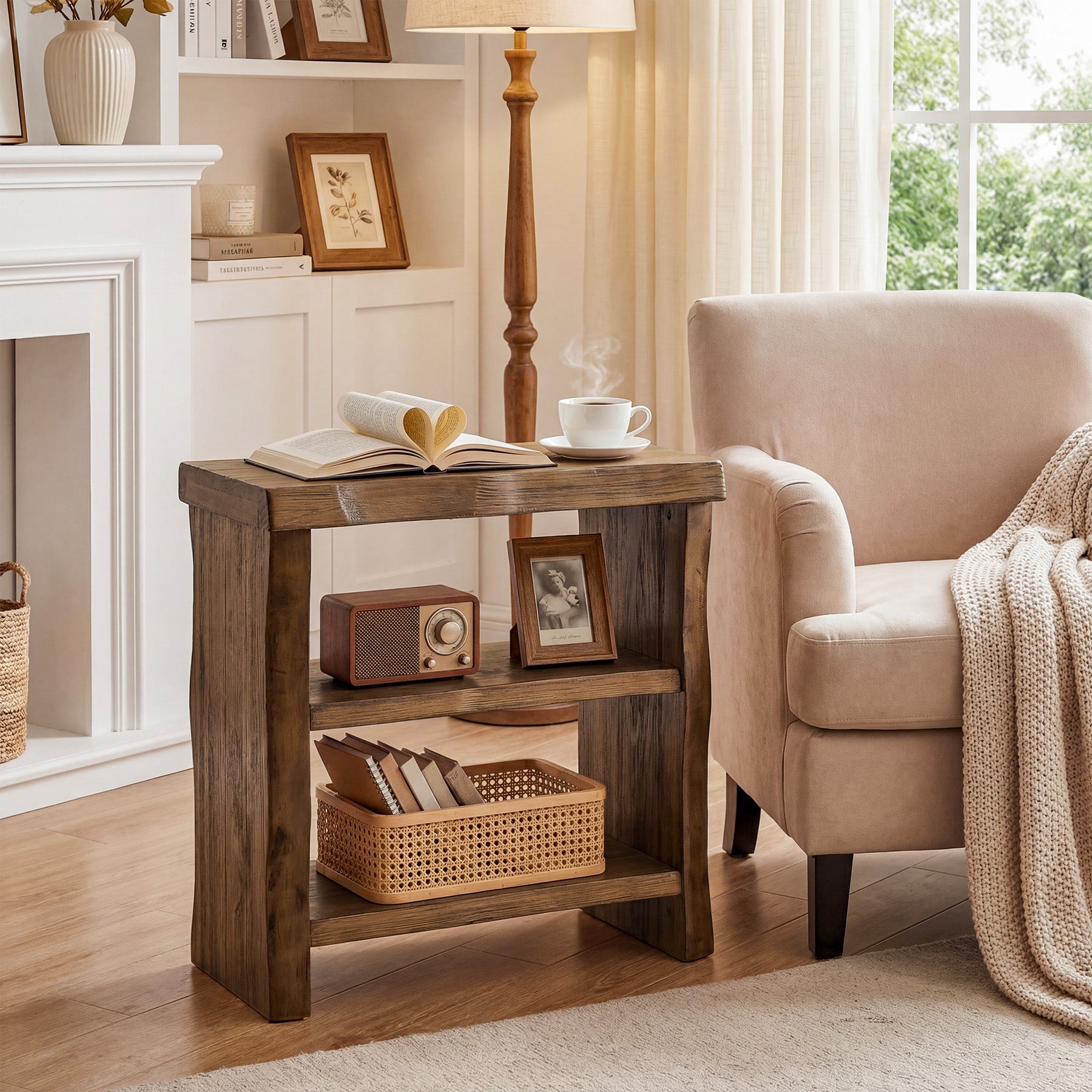 Solid Wood End Table, 3-Tier Live Edge Side Table for Bedroom