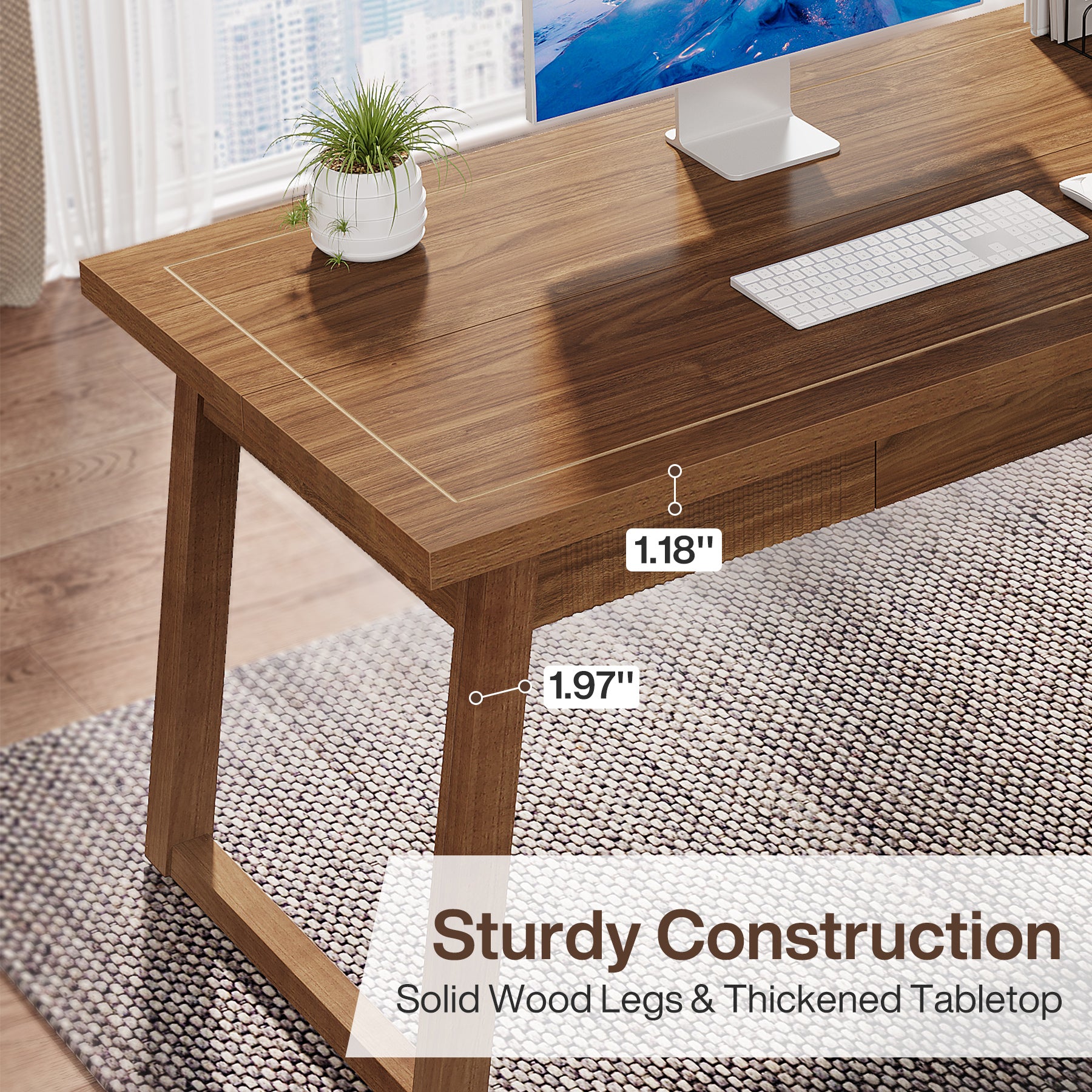 55" Computer Desk, Mid-Century Modern Study Writing Table with Drawer