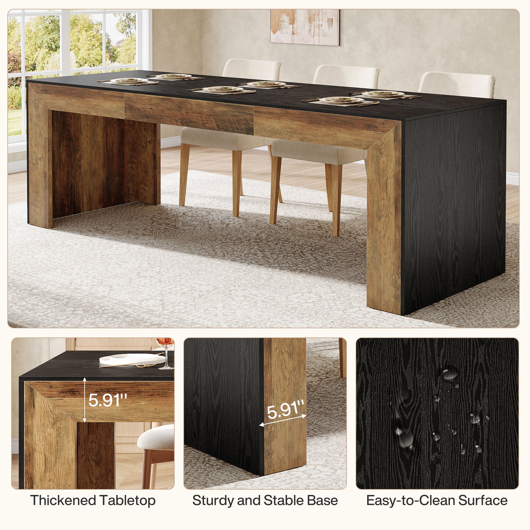 78.7" Dining Table for 6-8, Rectangular Kitchen Table with Wooden Legs