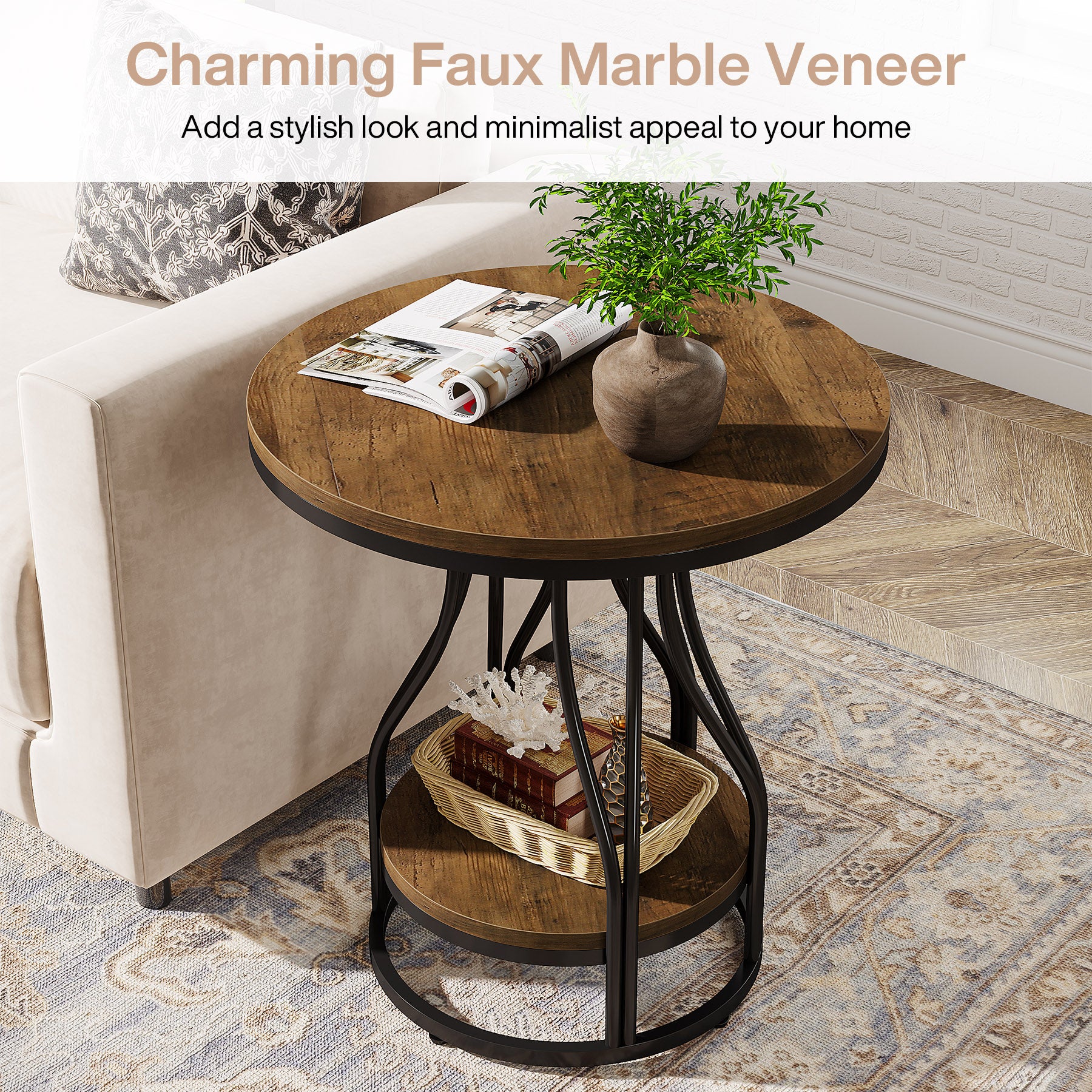 2-Tier End Table, Round Sofa Side Table with Metal Frame