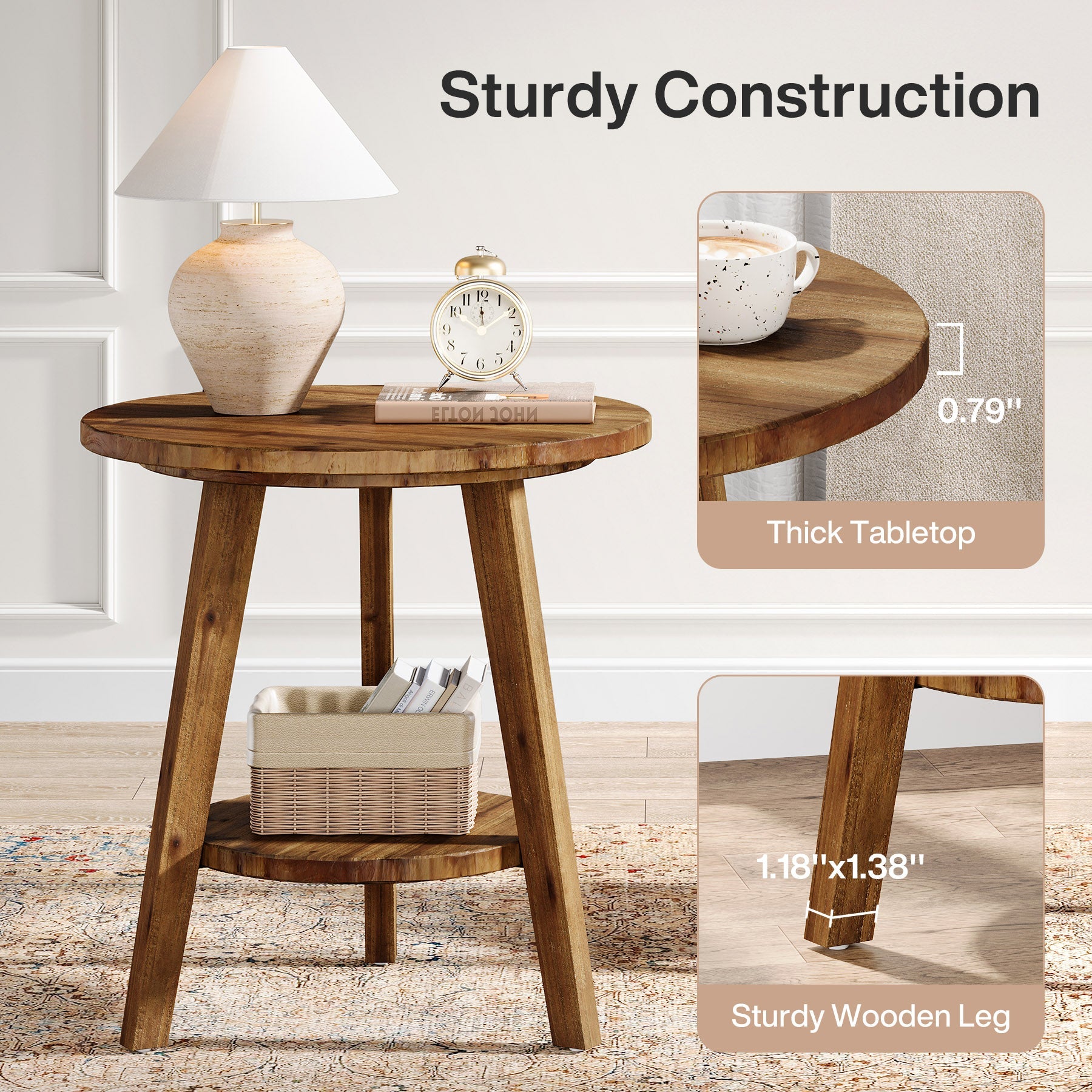 Solid Wood Round End Table, Farmhouse Sofa Side Table with Storage Shelf Tribesigns