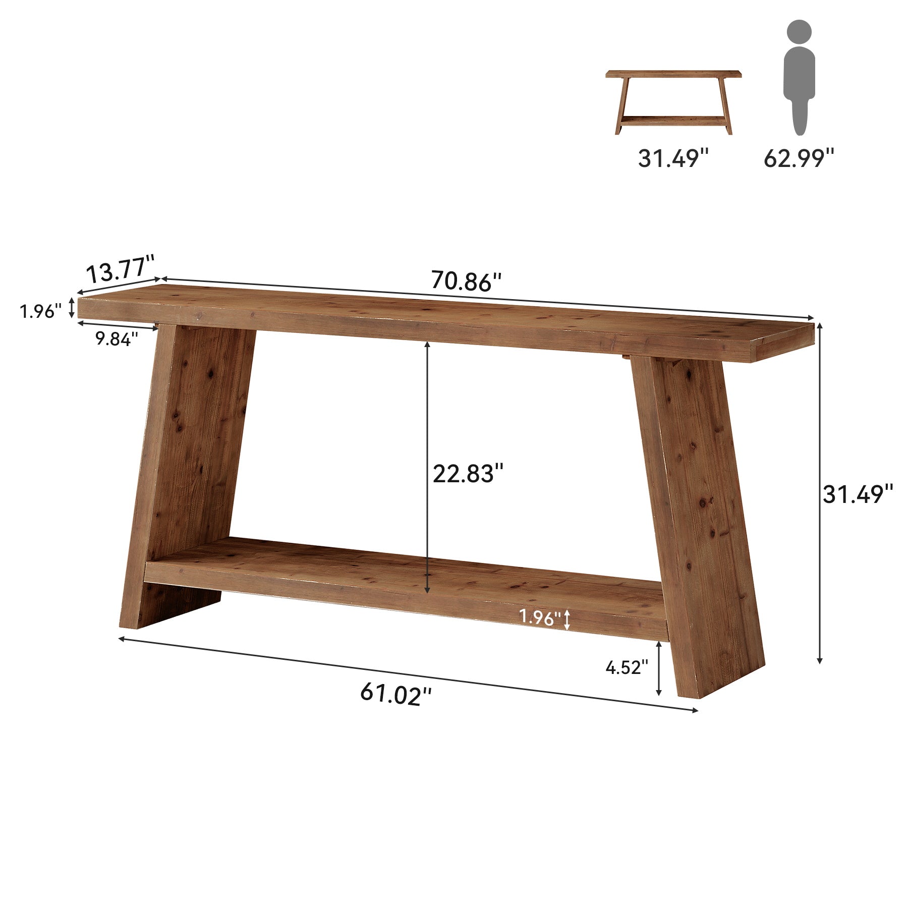 Solid Wood Console Table, 70.9" Sofa Table Behind Couch with 2-Tier Storage