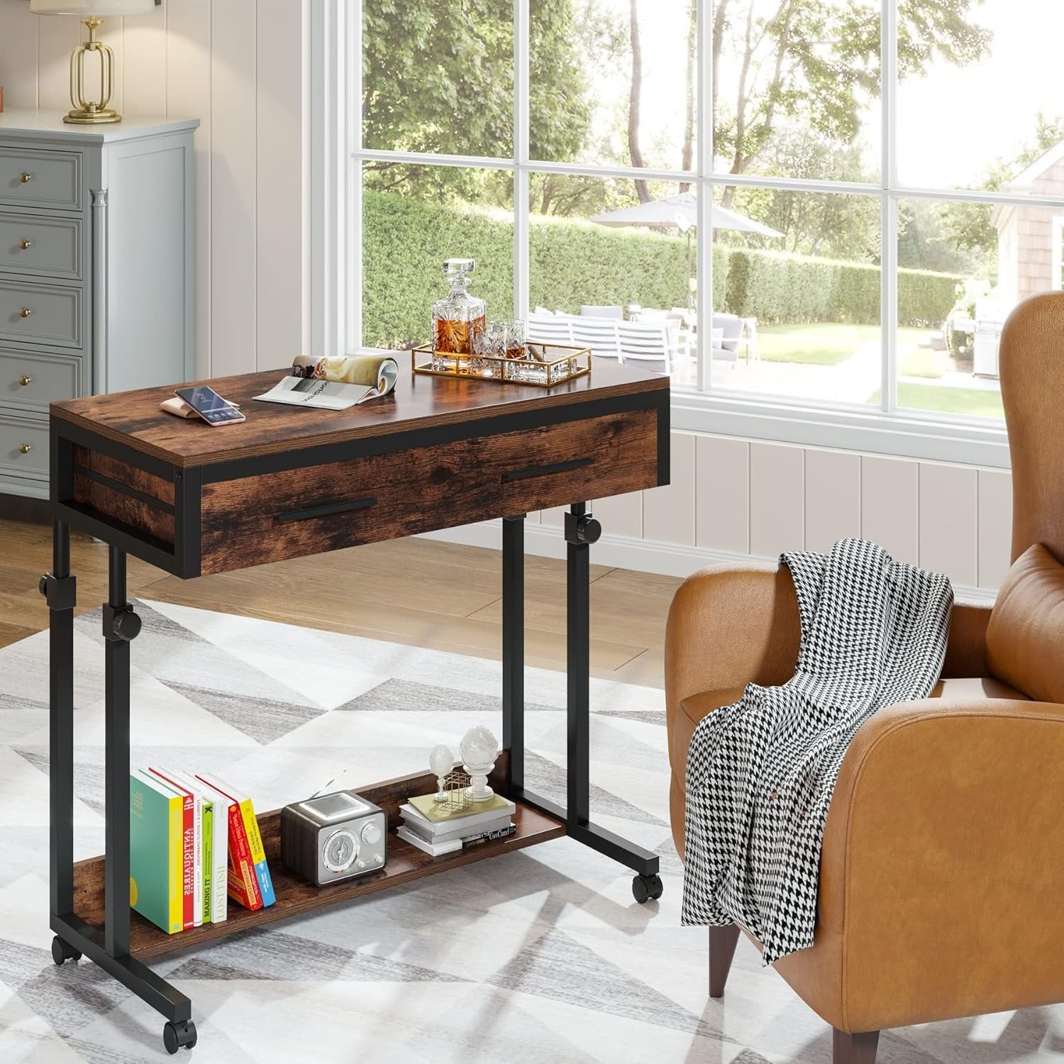 Height Adjustable Desk, Mobile Side Table Portable Desk with Drawers