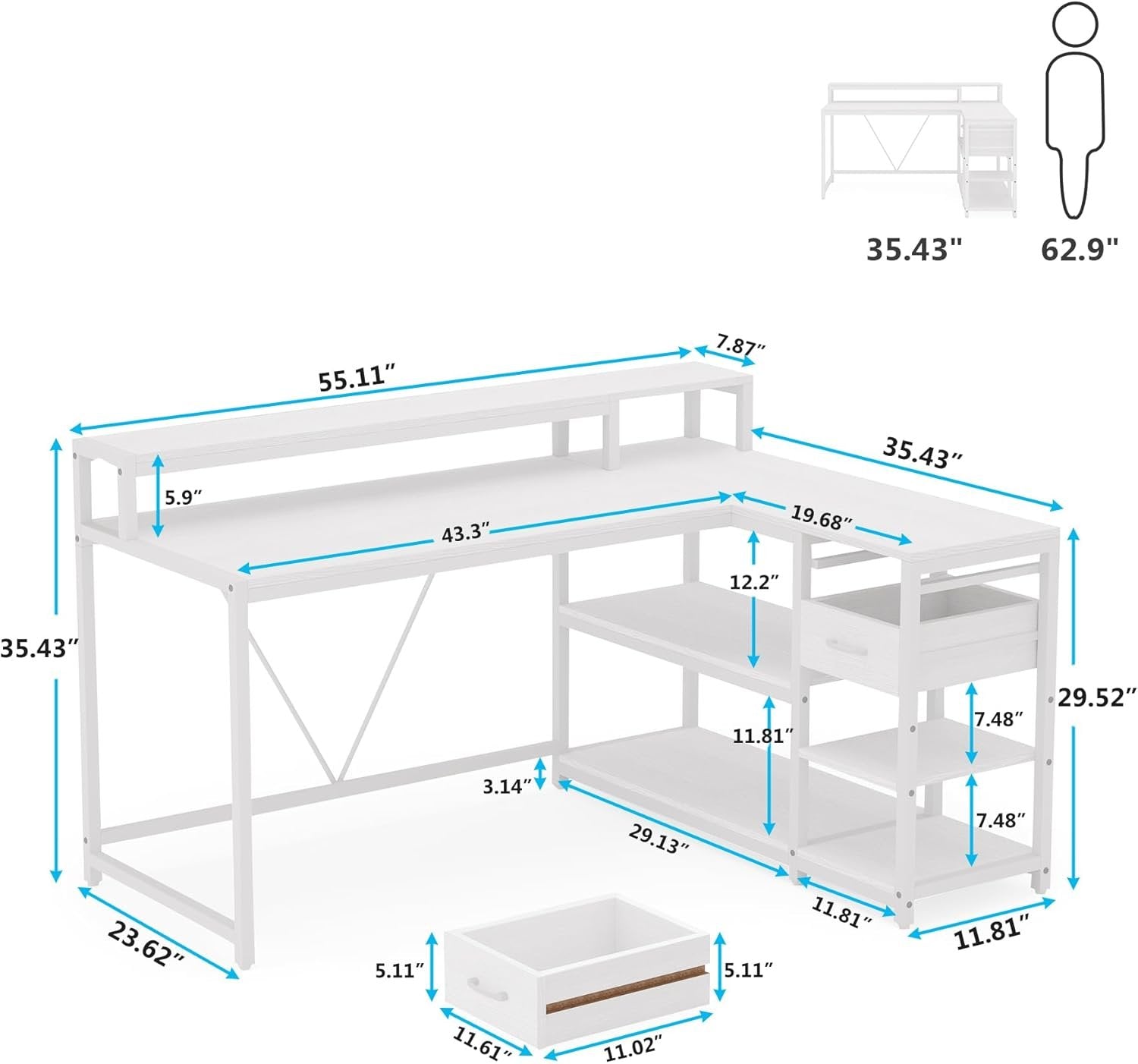Reversible L-Shaped Desk, Industrial Corner Desk with Drawer & Shelves