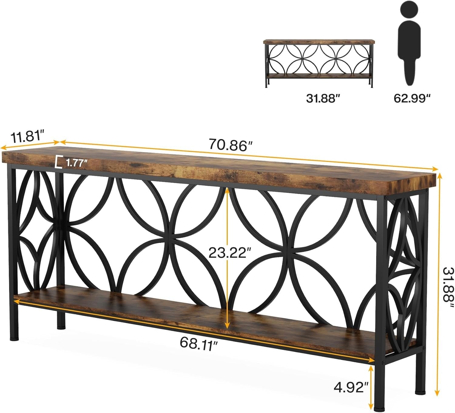 2-Tier Console Table, 70.9" Industrial Sofa Table Behind Couch
