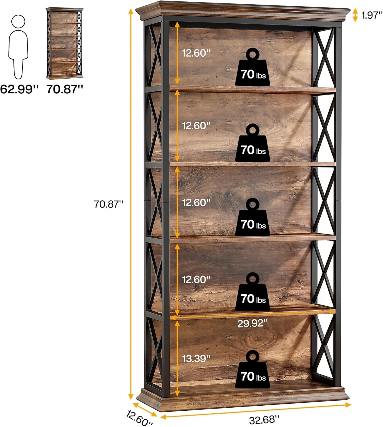 6-Tier Bookshelf, 70.87" Etagere Bookcase for Home Office