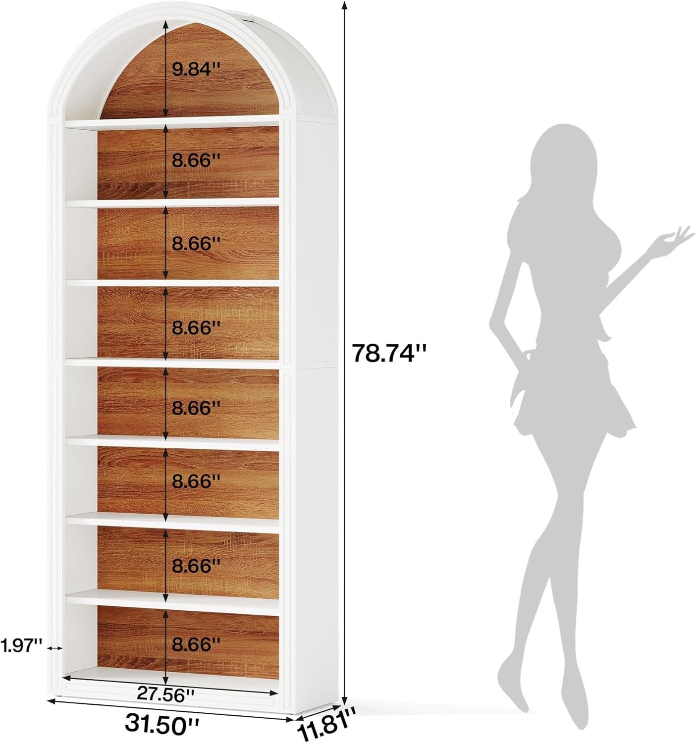 6-Tier / 8-Tier Bookshelf, Wooden Arched Bookcase Display Shelving Unit