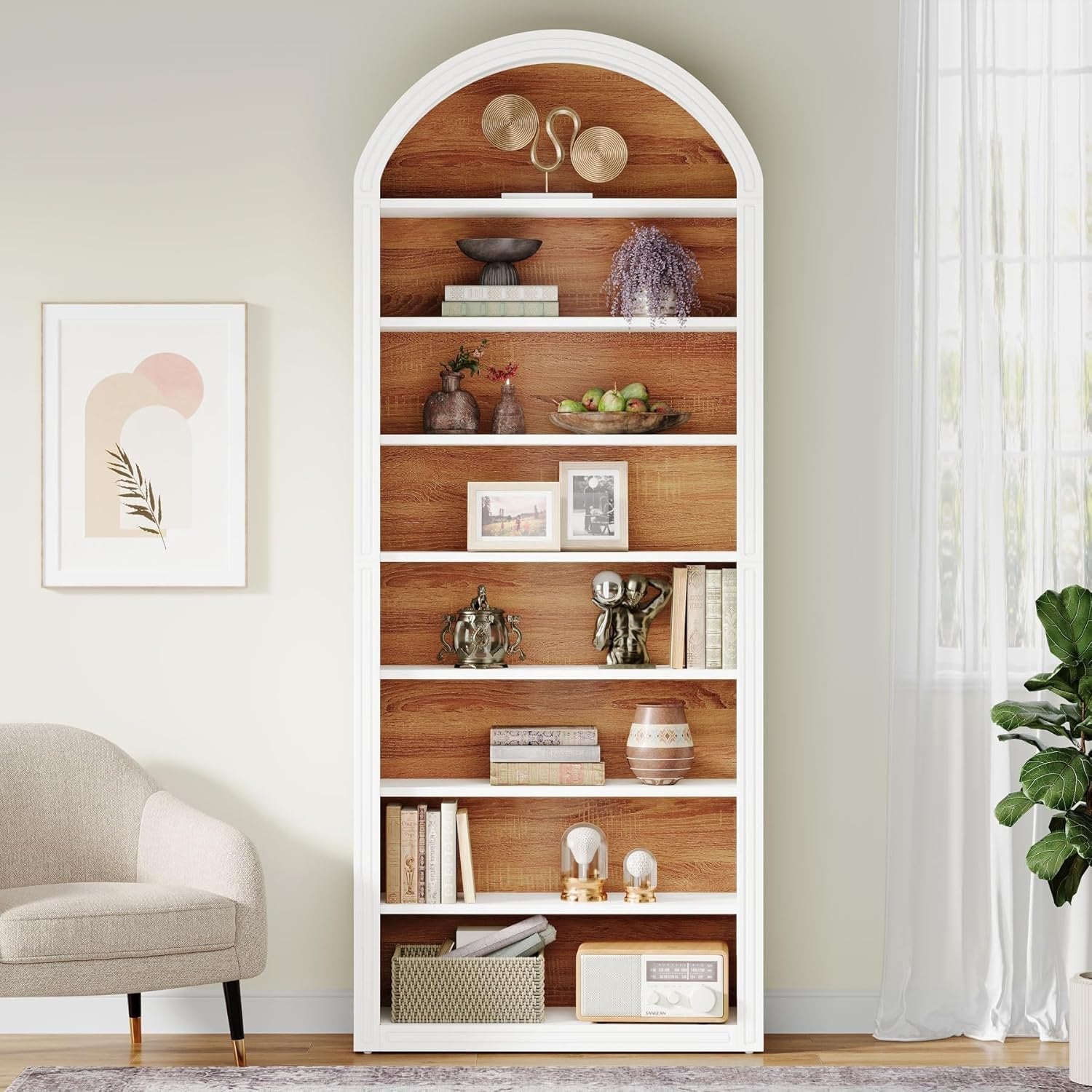 6-Tier / 8-Tier Bookshelf, Wooden Arched Bookcase Display Shelving Unit