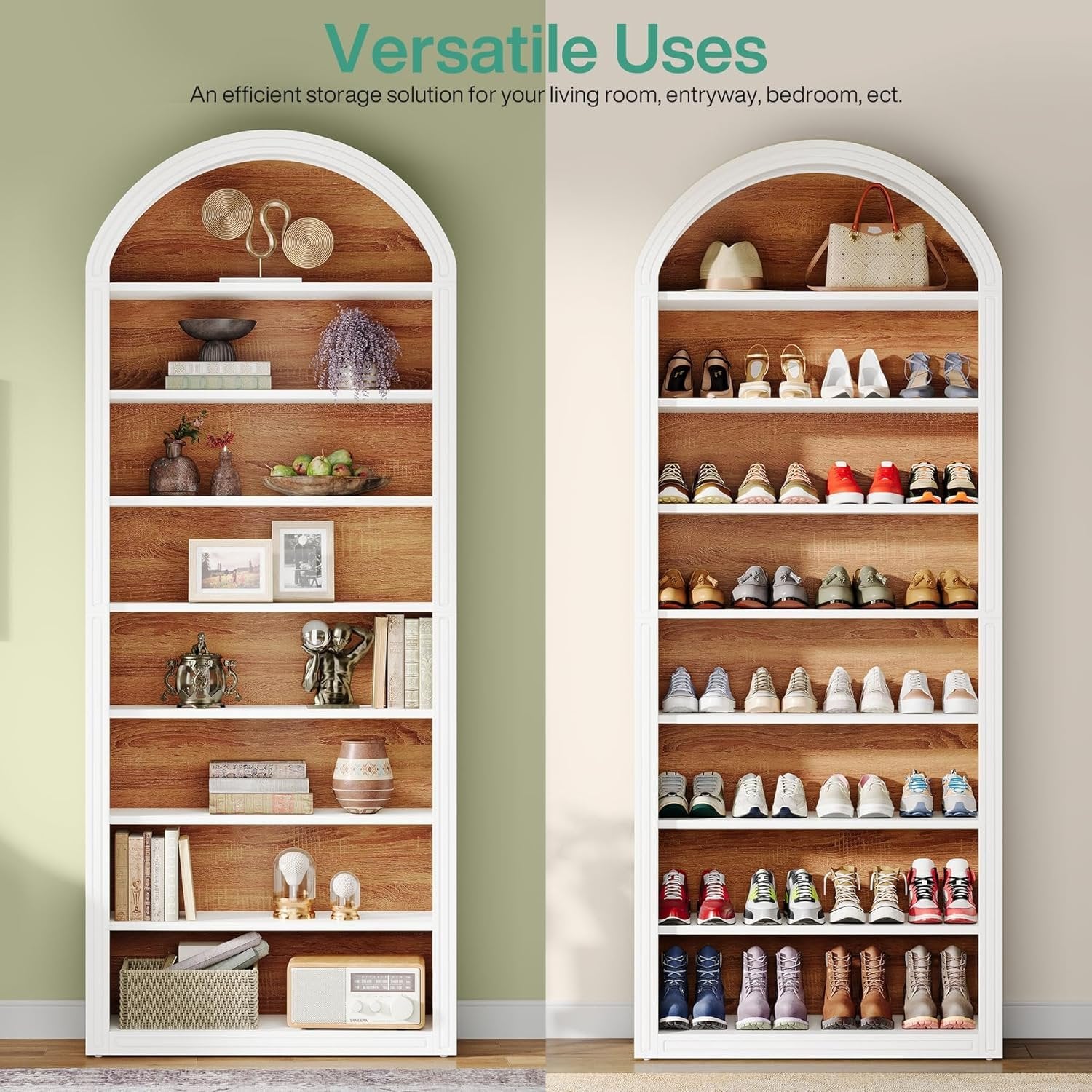 6-Tier / 8-Tier Bookshelf, Wooden Arched Bookcase Display Shelving Unit