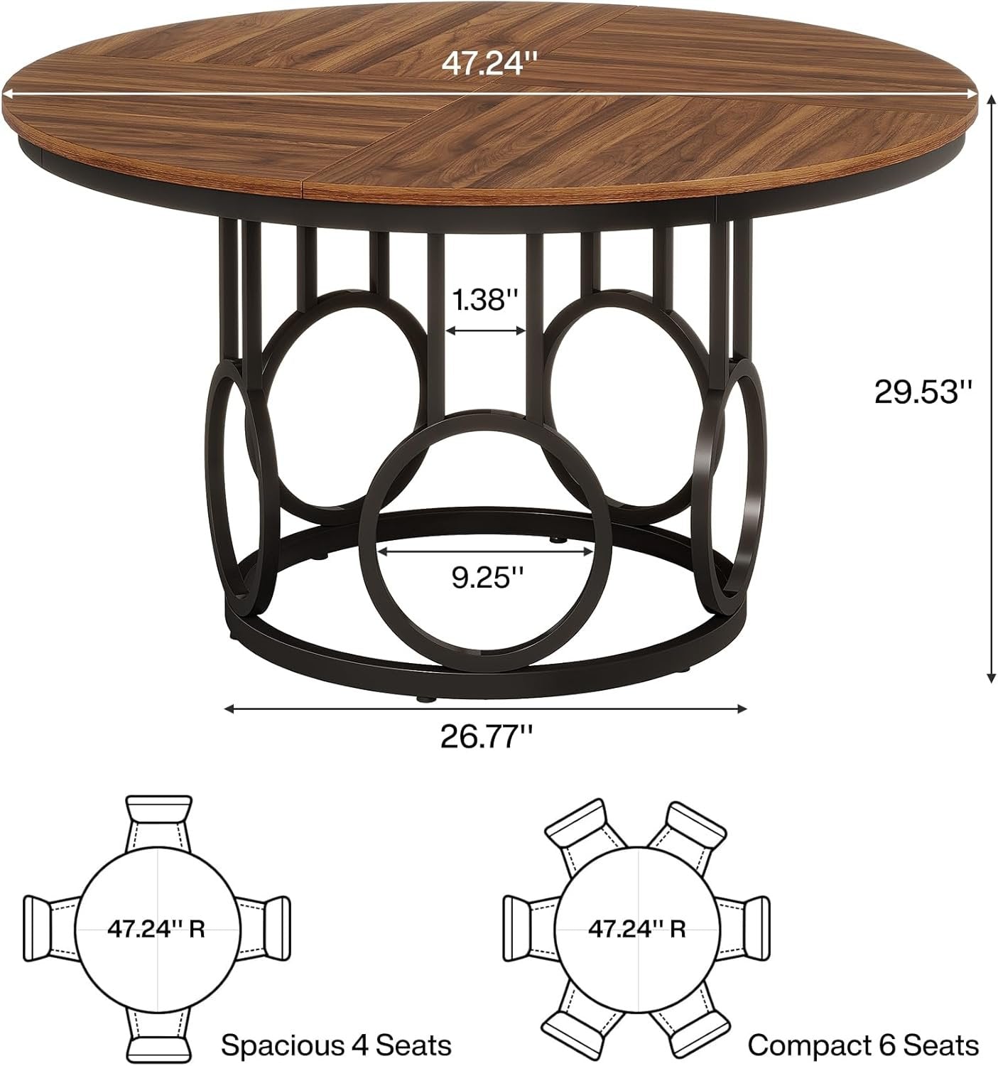 47" Wood Dining Table, Round Kitchen Table for 4-6 People
