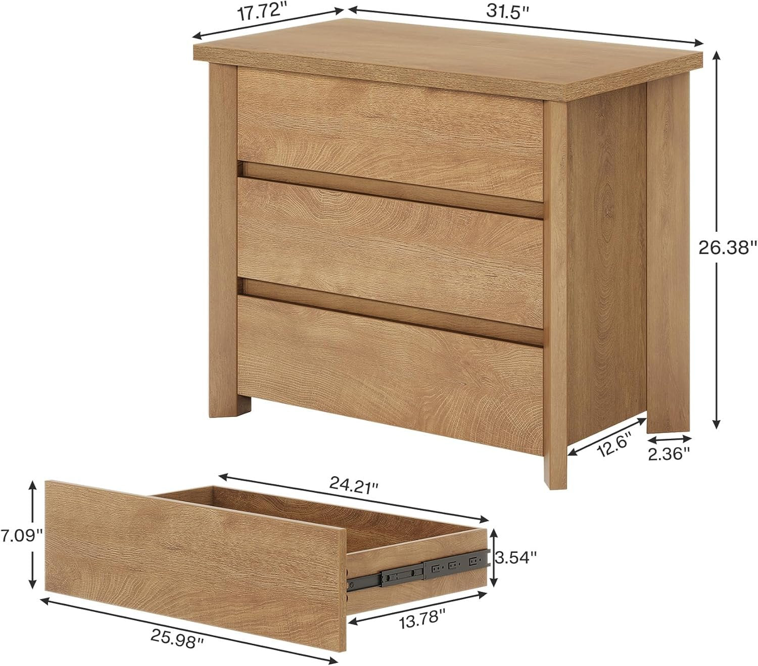 Wood Nightstand, Farmhouse Bedside Table with 3 Storage Drawers