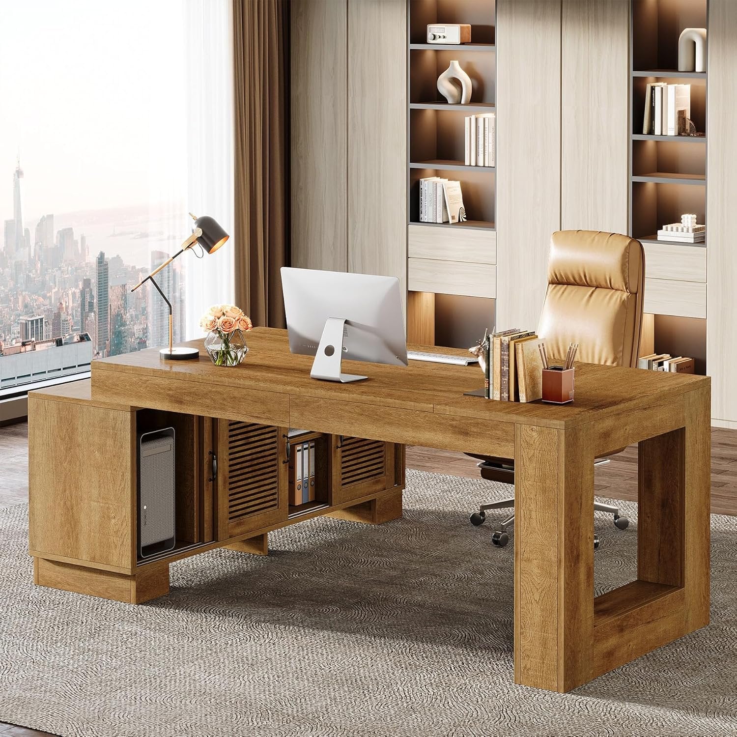63" Computer Desk, L-shaped Executive Desk with Storage Cabinets