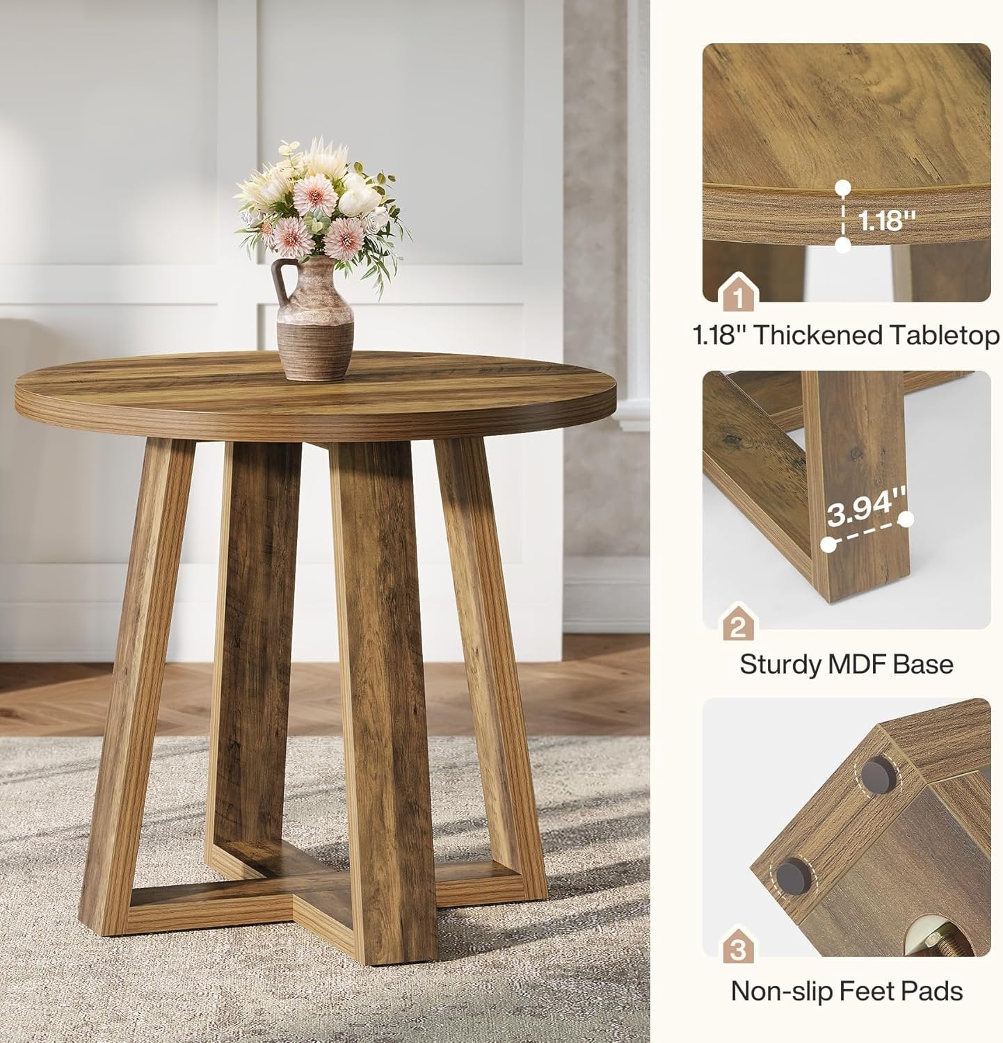 31.5" Round Dining Table, Small Farmhouse Kitchen Table for 2-4 People