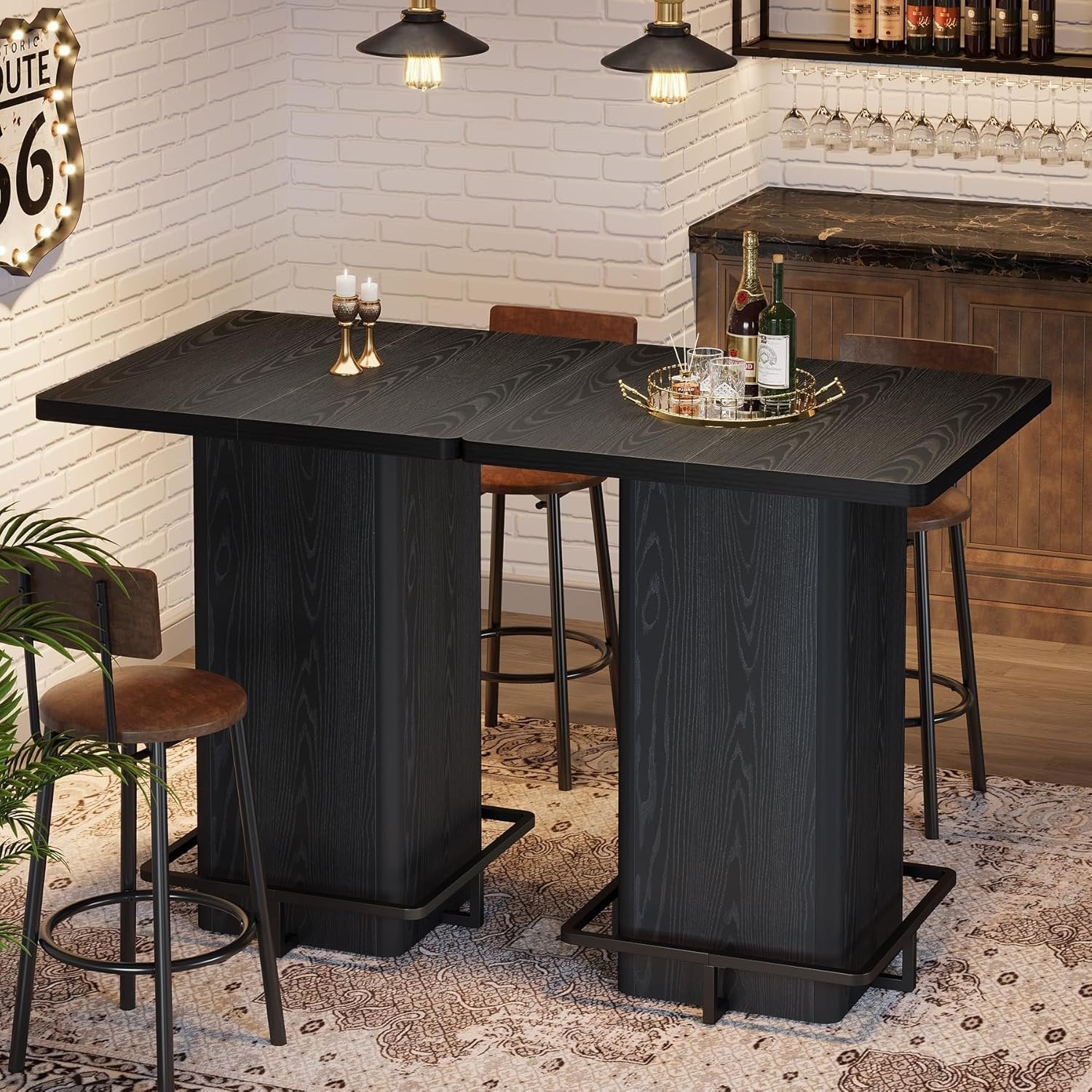 Square Bar Table, 39.37" Bistro Pub Table with Metal Frame Footrest