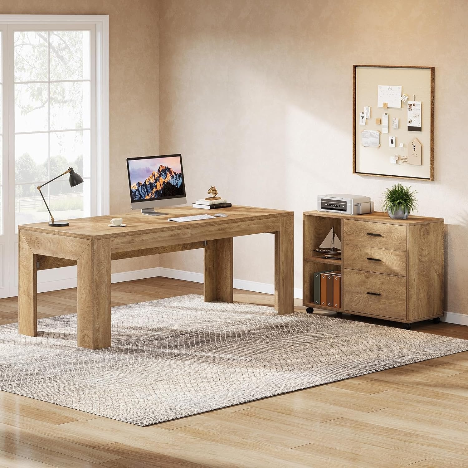 63" L Shaped Desk with Storage, Executive Office Desk with Mobile Lateral File Cabinet