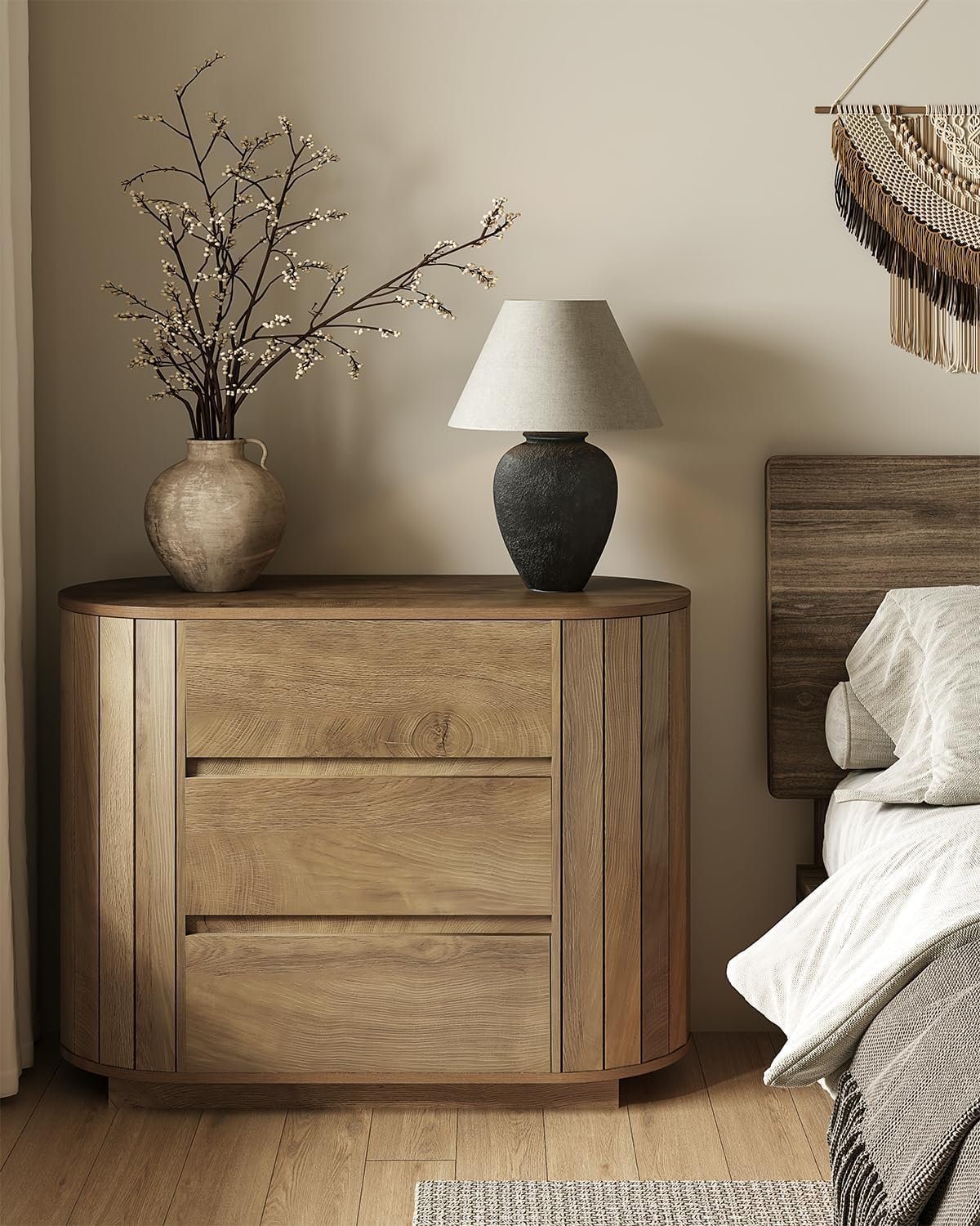 Oversized Nightstand, 35" Wide Dresser Bedwide Table with with 3 Drawers