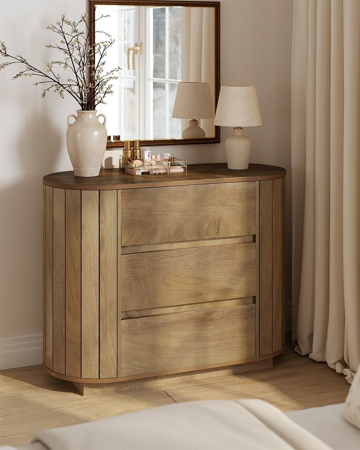 Oversized Nightstand, 35" Wide Dresser Bedwide Table with with 3 Drawers