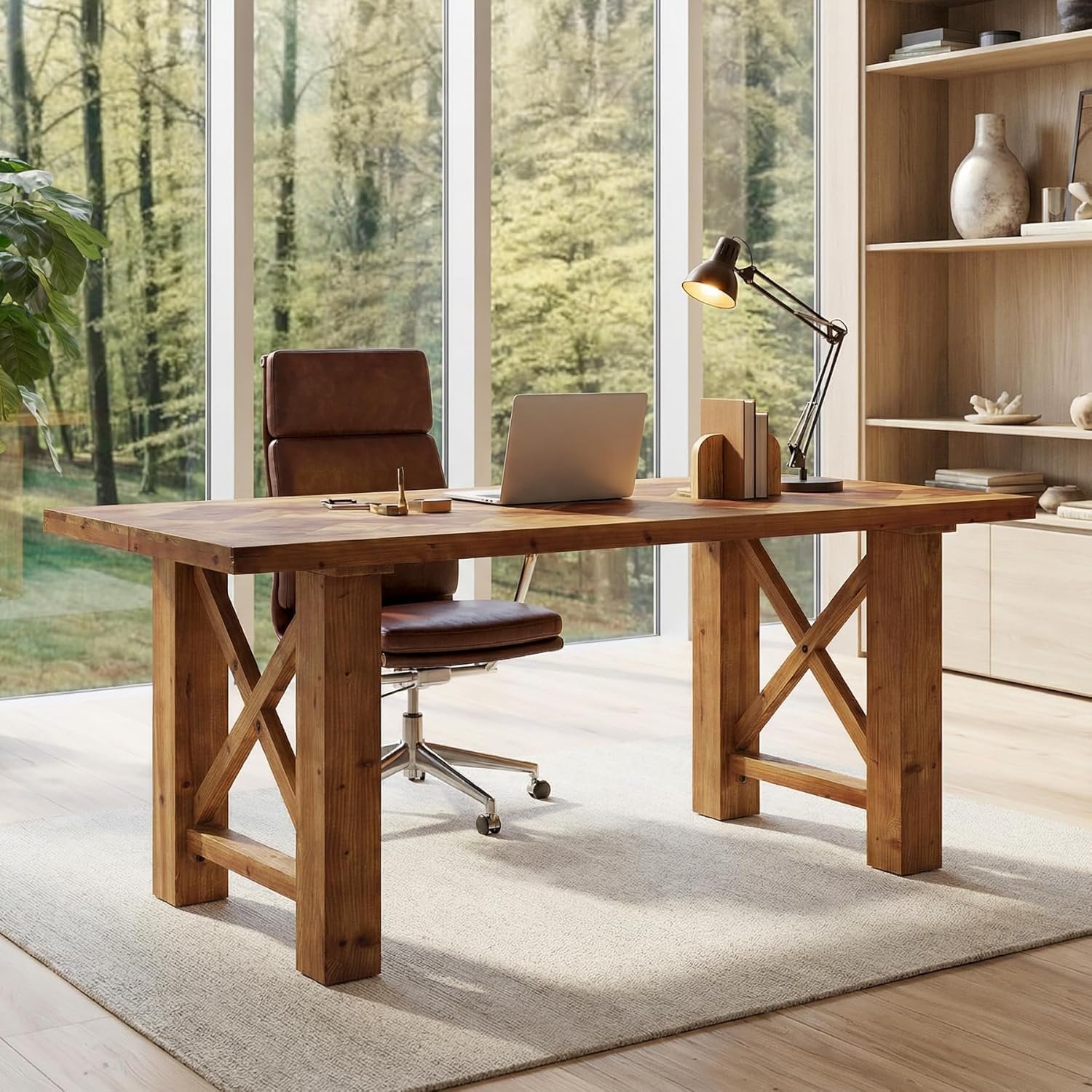 Solid Wood Computer Desk, 63" Executive Office Desk with Parquet Top