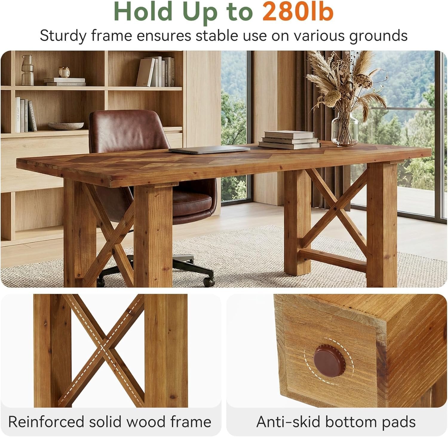 Solid Wood Computer Desk, 63" Executive Office Desk with Parquet Top