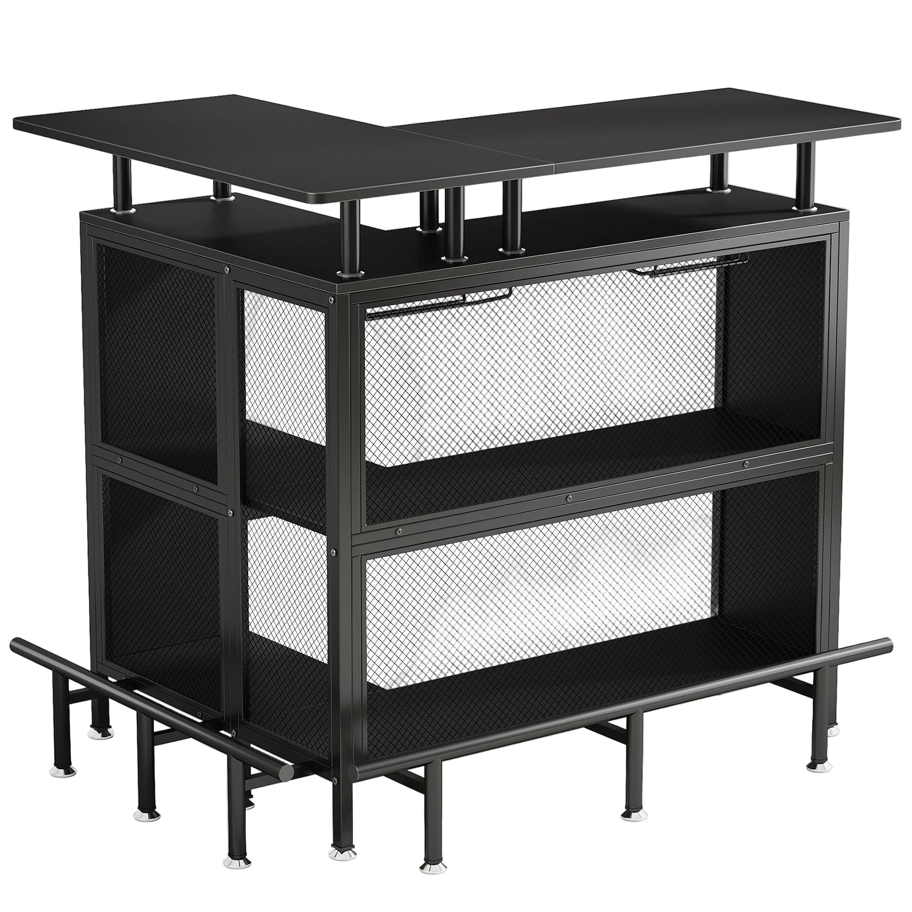 Home Bar Unit, L-Shaped Liquor Bar Table with Glasses Holders & Shelves Tribesigns