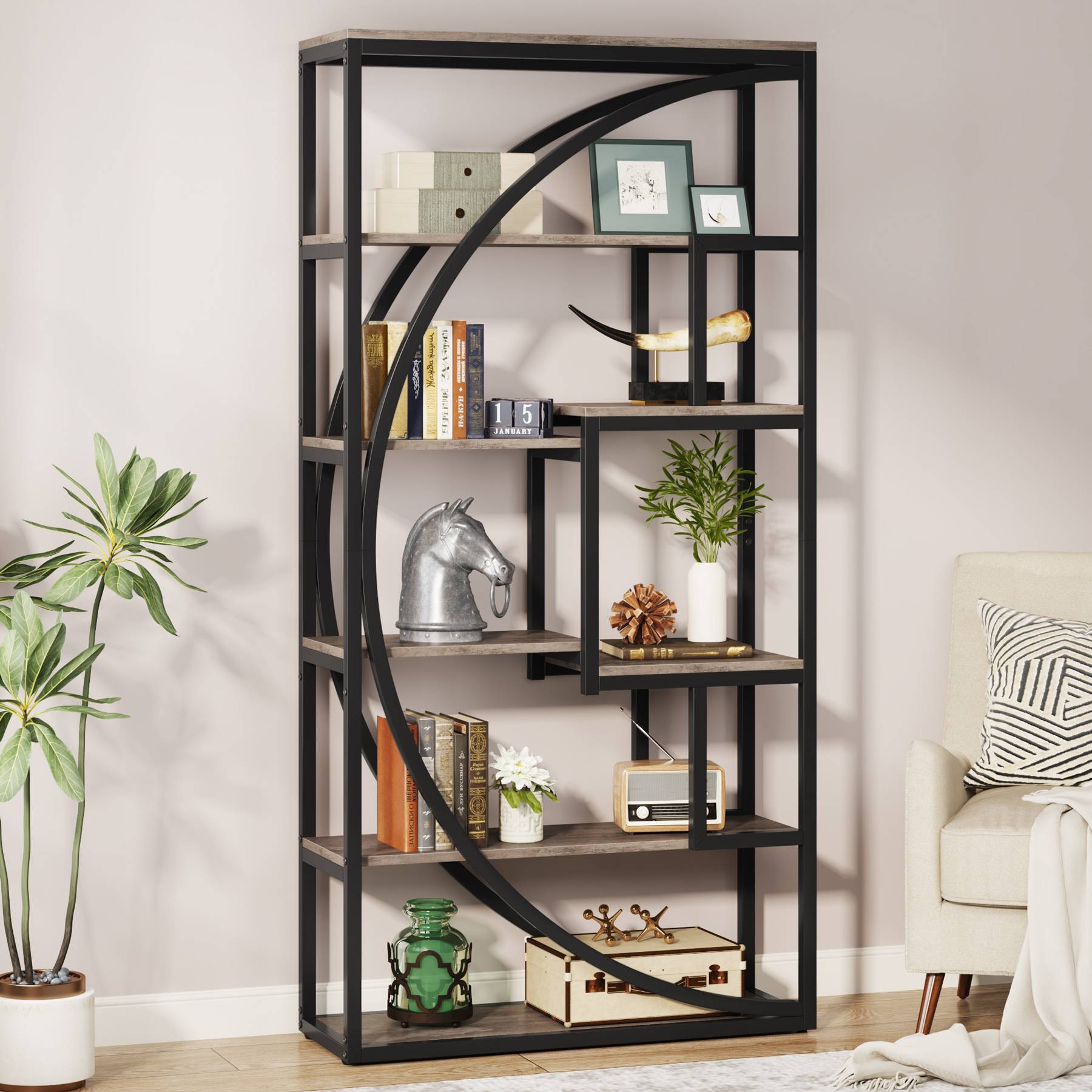 Industrial Bookshelf, 70" Bookcase with 8 Open Storage Shelf