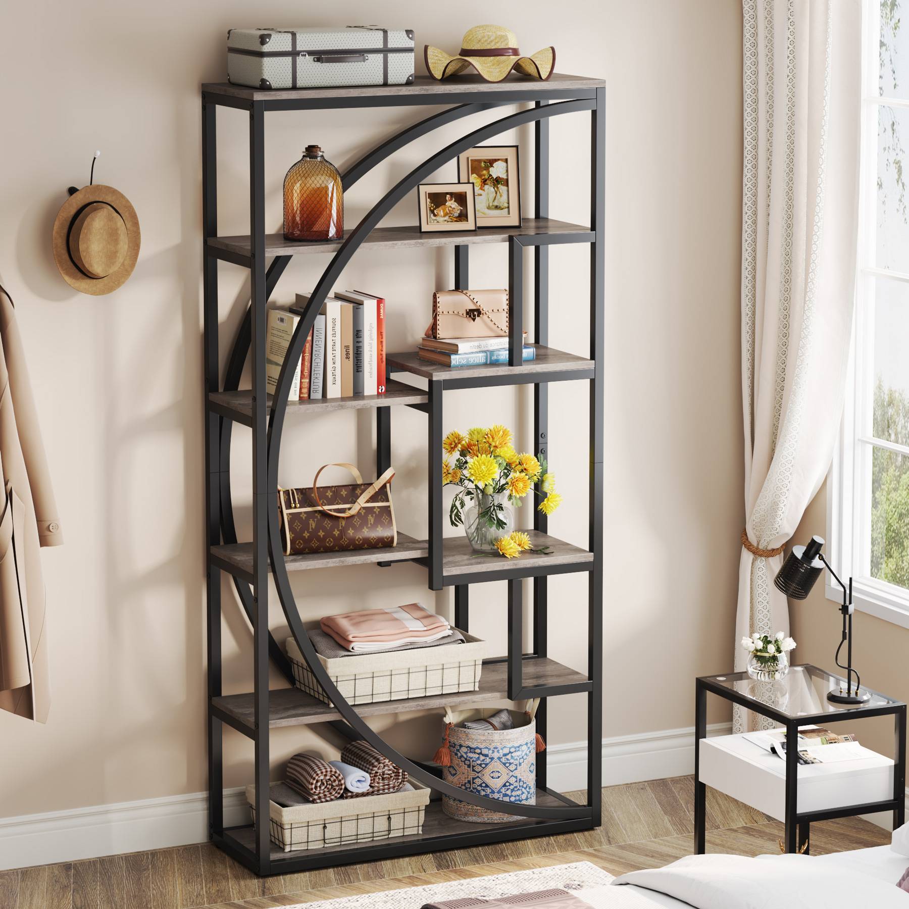 Industrial Bookshelf, 70" Bookcase with 8 Open Storage Shelf