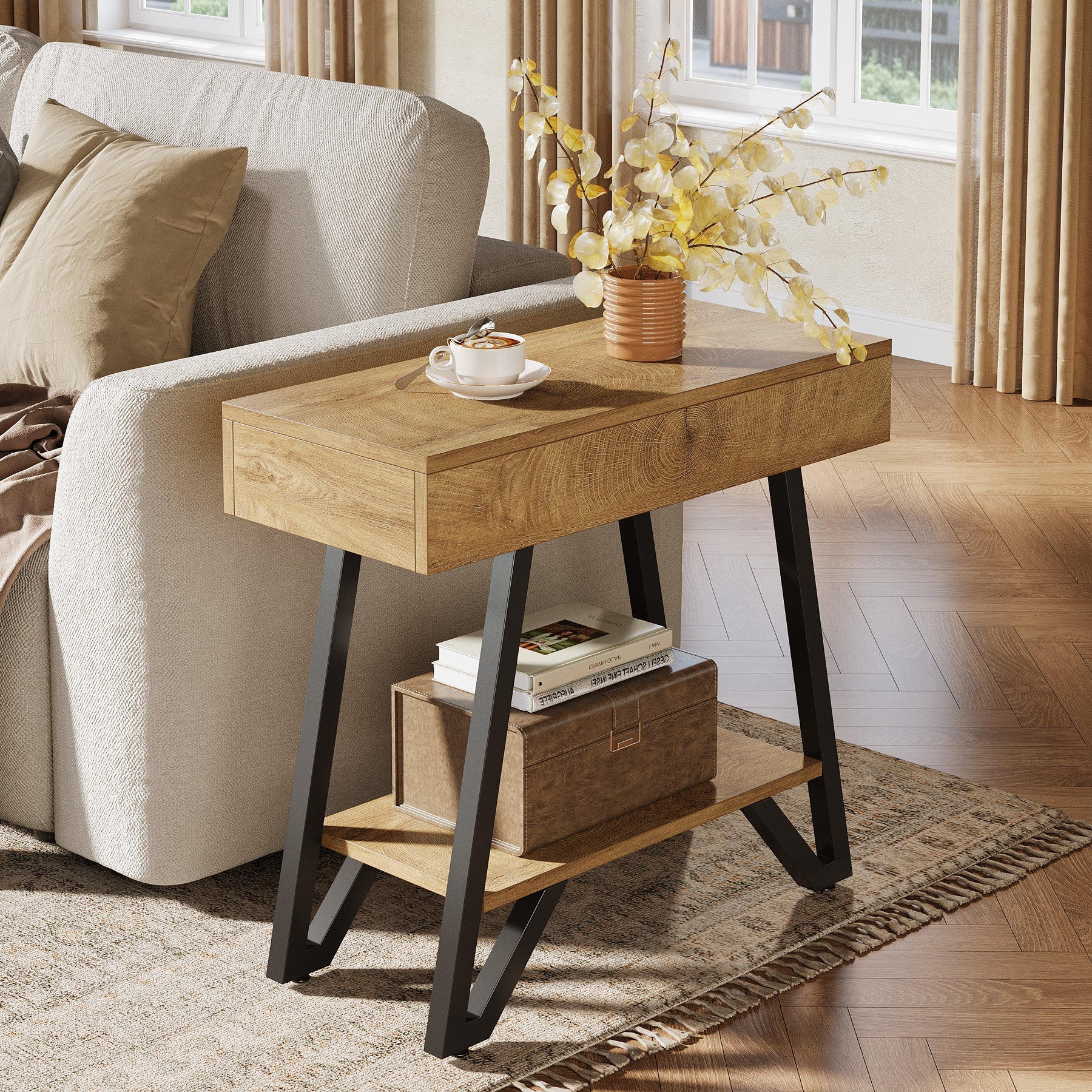 Narrow End Table,Couch Arm Side Table Nightstand with Storage Shelves