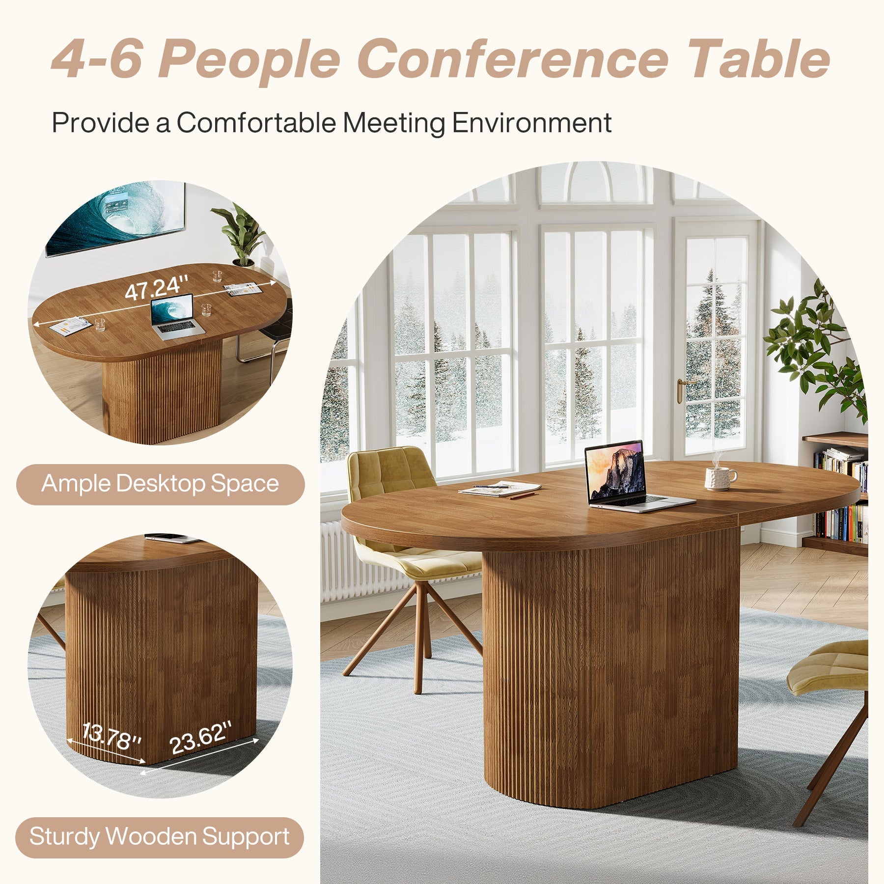 Oval Conference Table, 47.24" Meeting Table with Polygon Base for 4 People