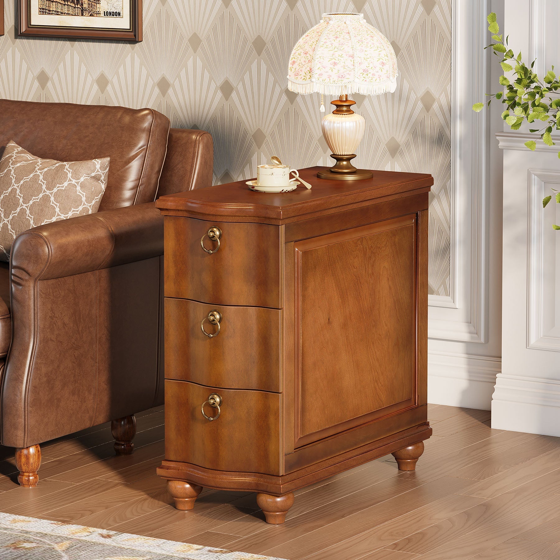 Wood Side Table, Fully Assembled Slim End Table Nightstand with 3-Drawers