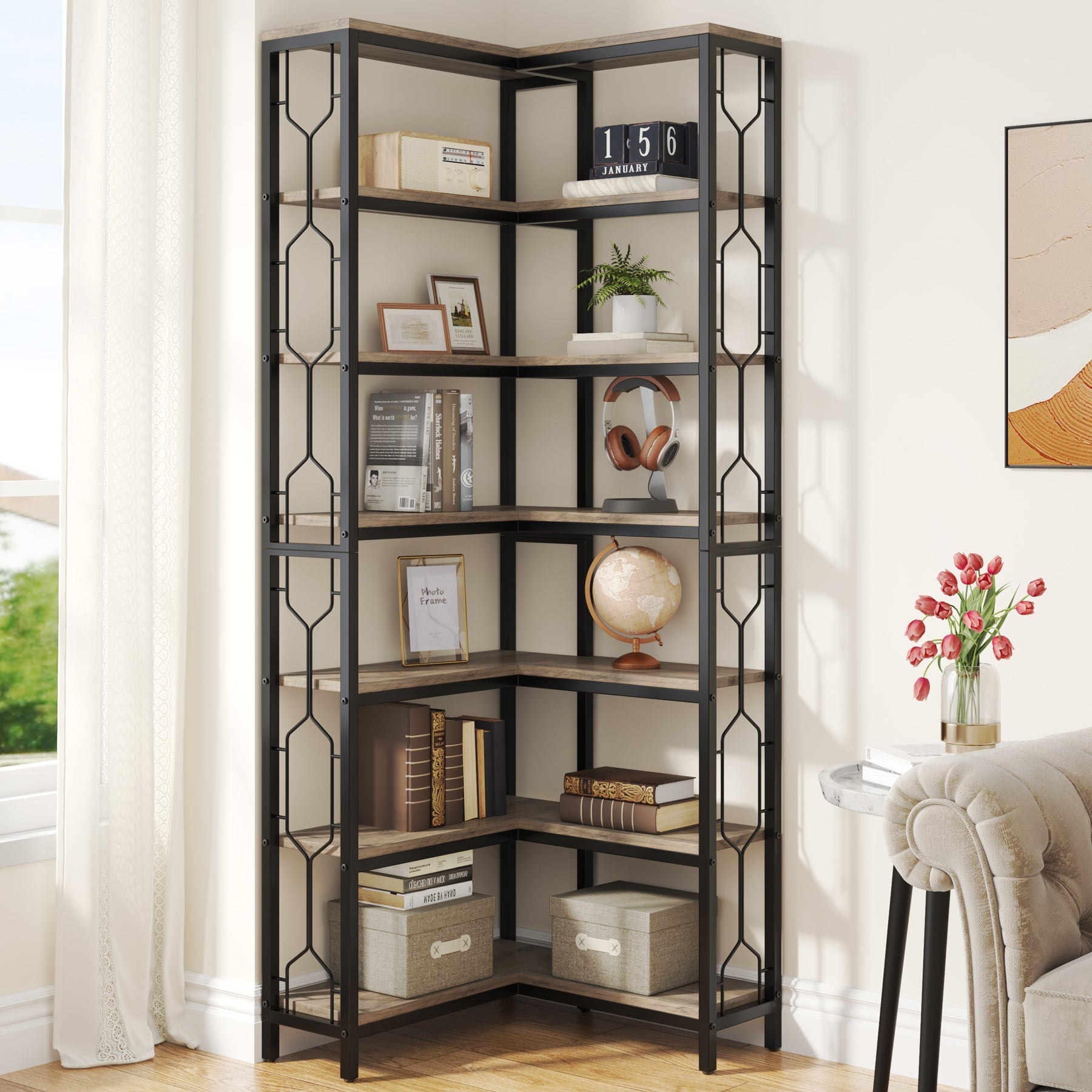 Corner Bookshelf, 7-Tier Industrial Corner Etagere Bookcase Tribesigns